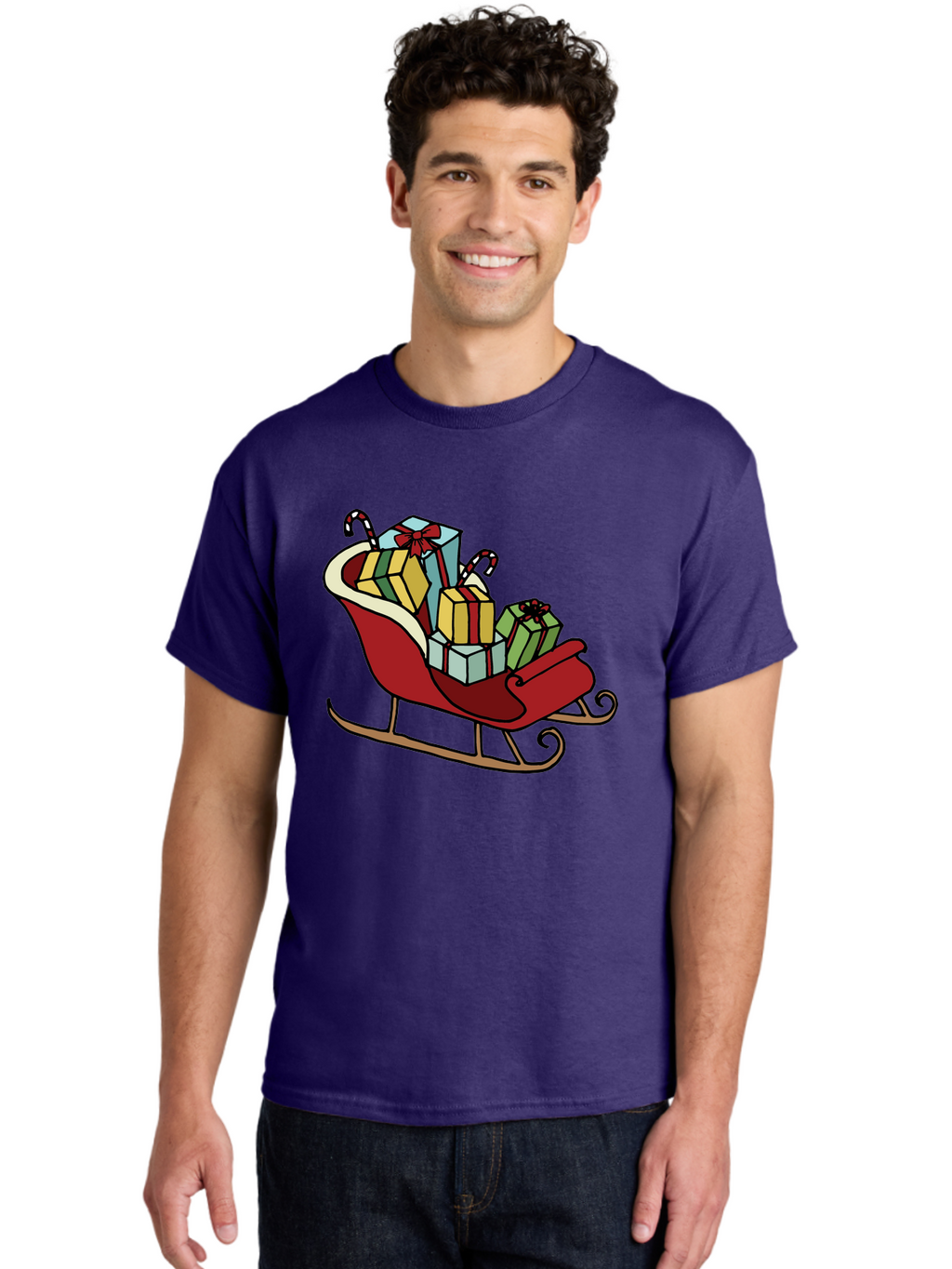 Sleigh-With-Gifts Men'S Graphic Tee, 100% Cotton, Comfortable Casual Summer Wear, Machine Washable, Christmas Gifts, Wrapped Presents, Red Sleigh, Holiday Decorations, Candy Canes, Festive Atmosphere, Winter Season, Joyful Spirit, Gift Giving, Aab108