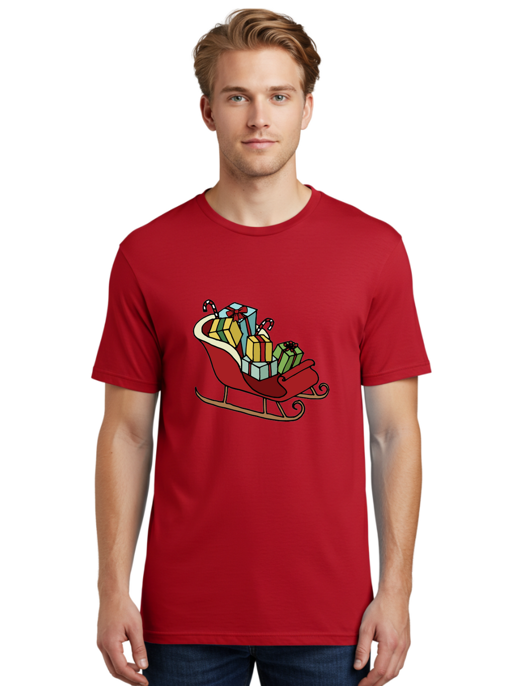 Sleigh-With-Gifts Men'S Graphic Tee, 100% Cotton, Comfortable Casual Summer Wear, Machine Washable, Christmas Gifts, Wrapped Presents, Red Sleigh, Holiday Decorations, Candy Canes, Festive Atmosphere, Winter Season, Joyful Spirit, Gift Giving, Aab108