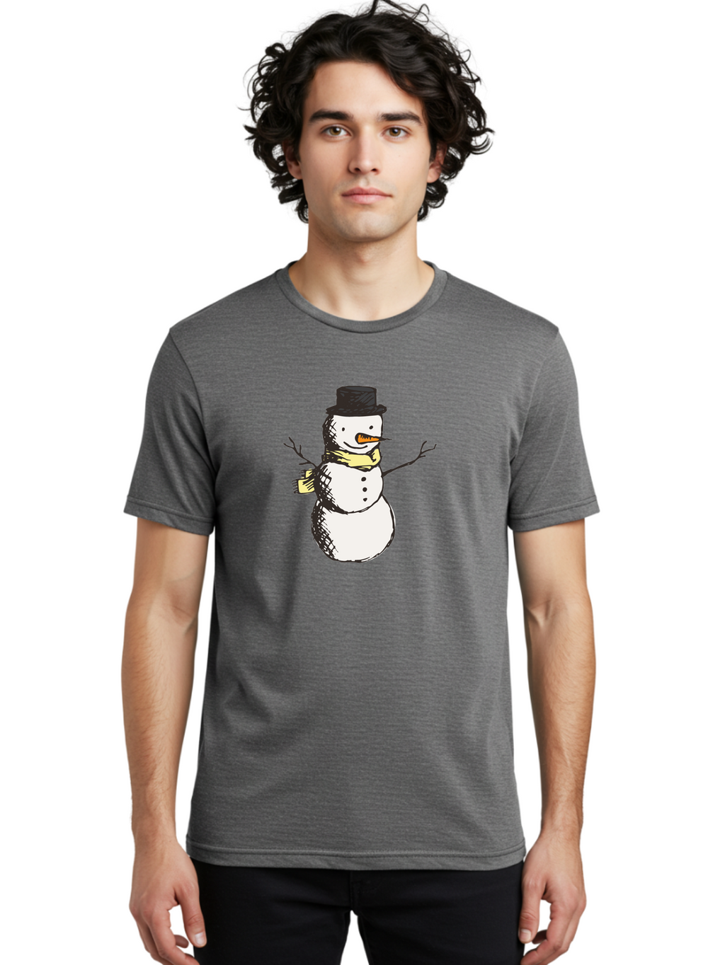 Smiling-Snowman Men'S Graphic Tee, 100% Cotton, Comfortable Casual Summer Wear, Machine Washable, Cartoon Snowman, Winter Character, Top Hat, Yellow Scarf, Carrot Nose, Stick Arms, Winter Fun, Festive Figure, Holiday Cheer, Aab110