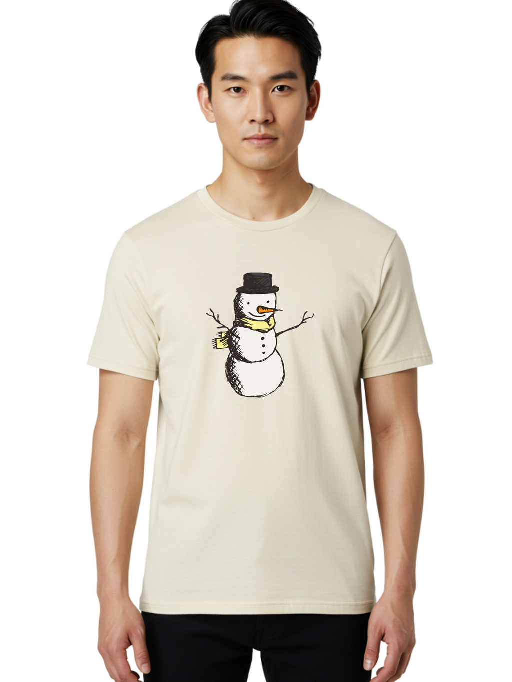 Smiling-Snowman Men'S Graphic Tee, 100% Cotton, Comfortable Casual Summer Wear, Machine Washable, Cartoon Snowman, Winter Character, Top Hat, Yellow Scarf, Carrot Nose, Stick Arms, Winter Fun, Festive Figure, Holiday Cheer, Aab110