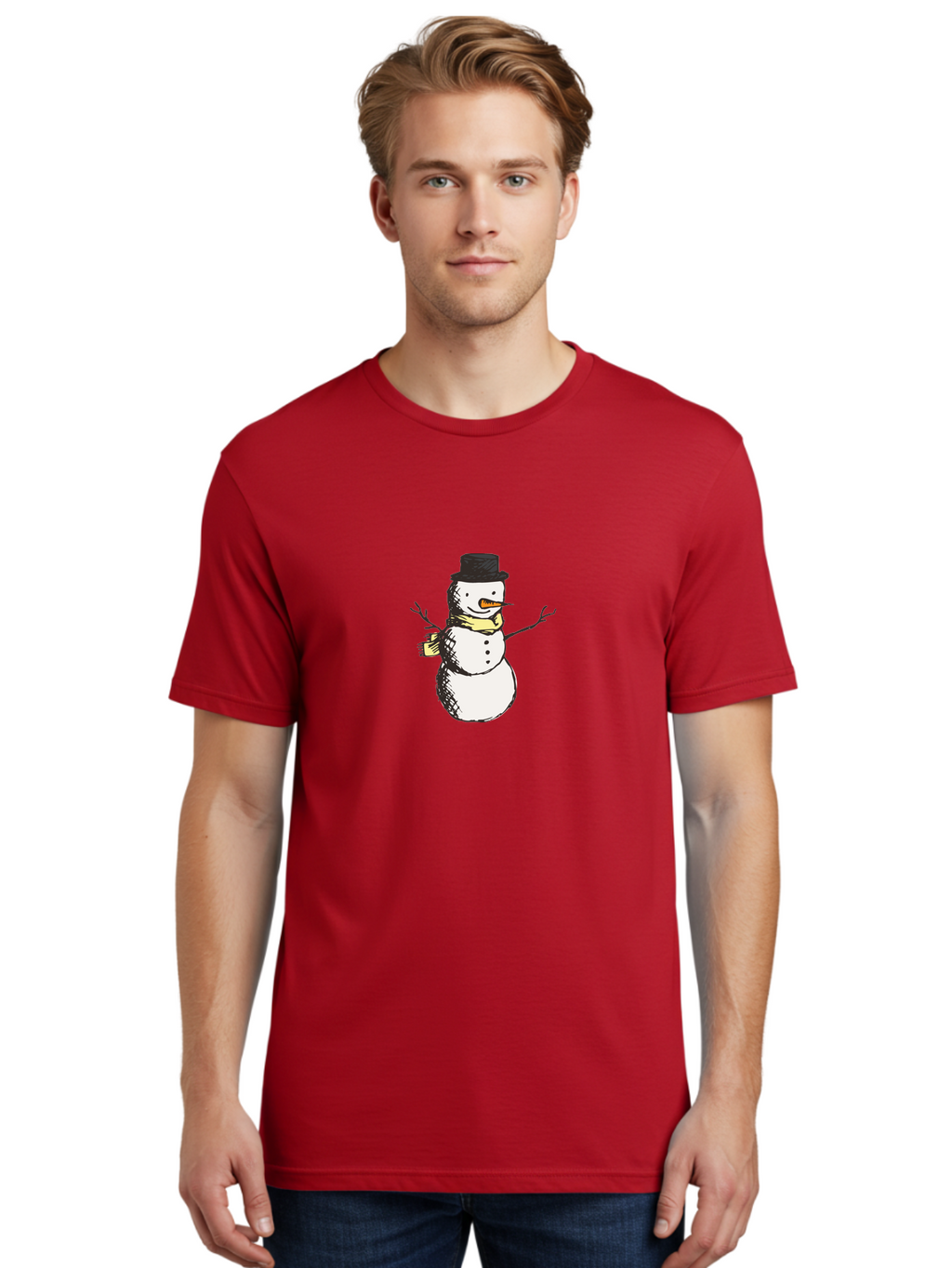 Smiling-Snowman Men'S Graphic Tee, 100% Cotton, Comfortable Casual Summer Wear, Machine Washable, Cartoon Snowman, Winter Character, Top Hat, Yellow Scarf, Carrot Nose, Stick Arms, Winter Fun, Festive Figure, Holiday Cheer, Aab110