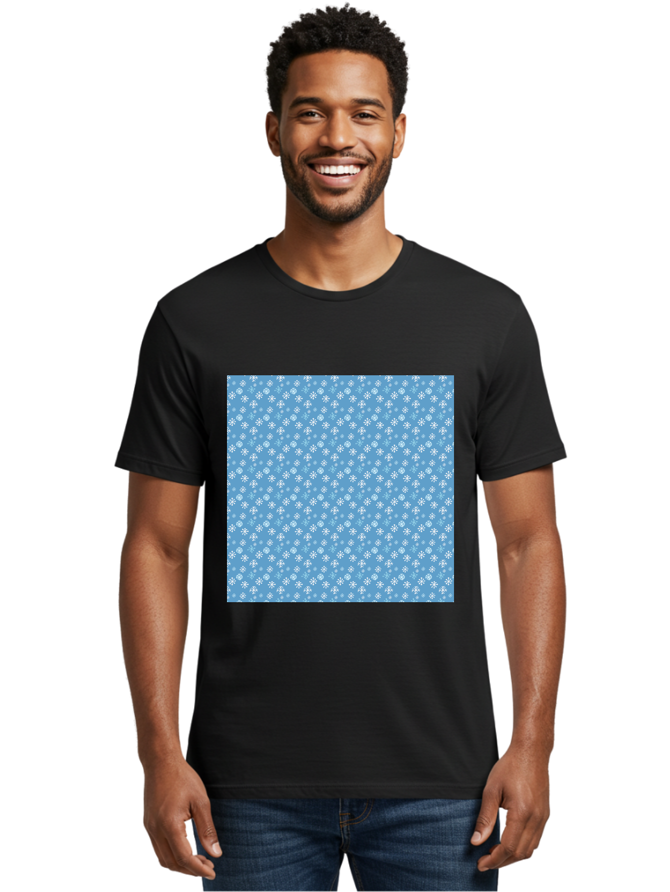 Snowflake-Pattern Men'S Graphic Tee, 100% Cotton, Comfortable Casual Summer Wear, Machine Washable, Snowflakes Pattern, White Snowflakes, Blue Background, Winter Theme, Festive Design, Delicate Snowflakes, Intricate Patterns, Holiday Decor, Aab121