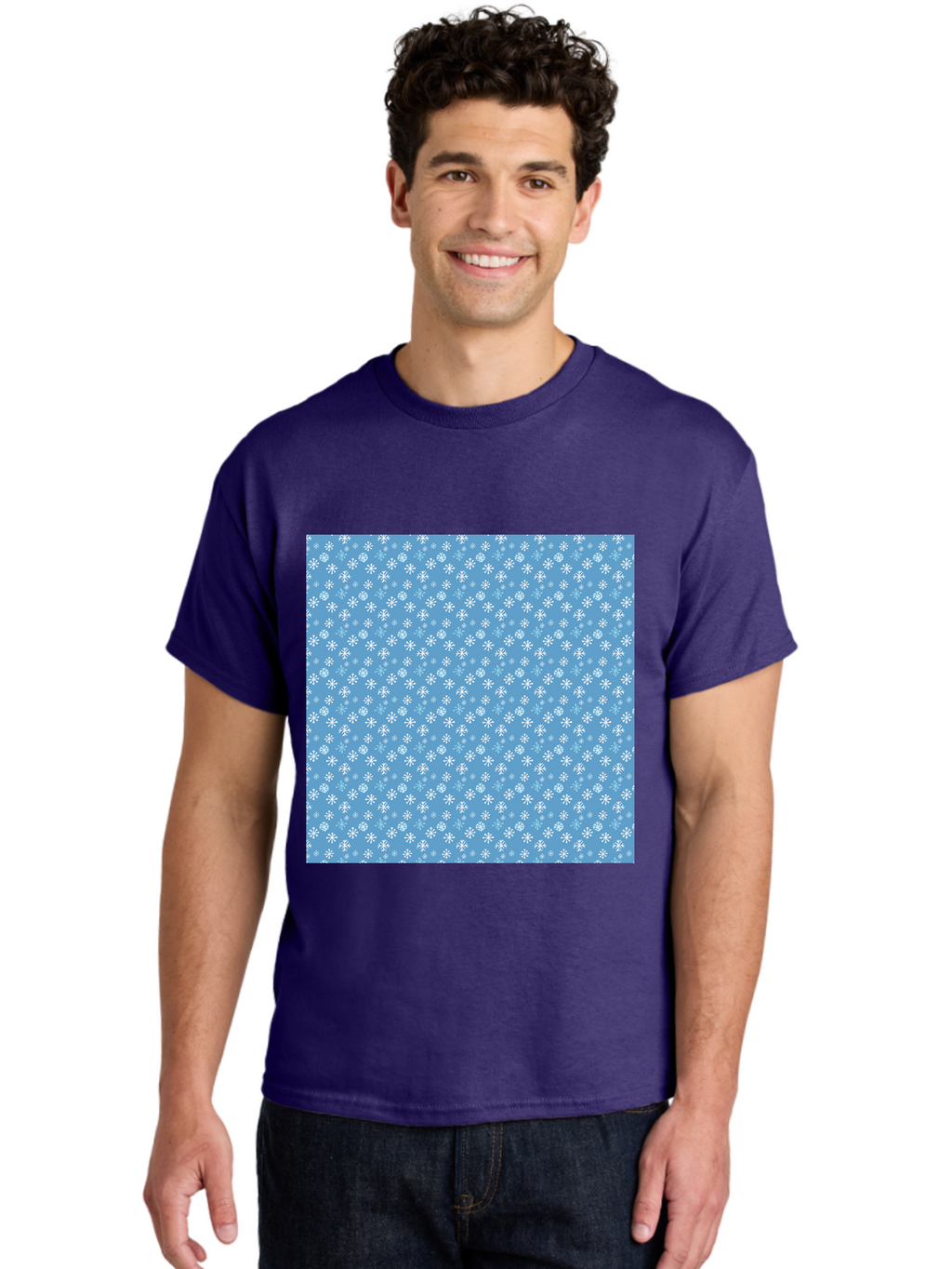 Snowflake-Pattern Men'S Graphic Tee, 100% Cotton, Comfortable Casual Summer Wear, Machine Washable, Snowflakes Pattern, White Snowflakes, Blue Background, Winter Theme, Festive Design, Delicate Snowflakes, Intricate Patterns, Holiday Decor, Aab121