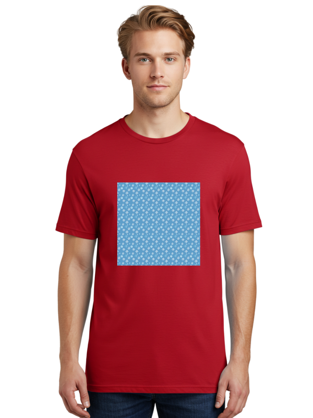 Snowflake-Pattern Men'S Graphic Tee, 100% Cotton, Comfortable Casual Summer Wear, Machine Washable, Snowflakes Pattern, White Snowflakes, Blue Background, Winter Theme, Festive Design, Delicate Snowflakes, Intricate Patterns, Holiday Decor, Aab121