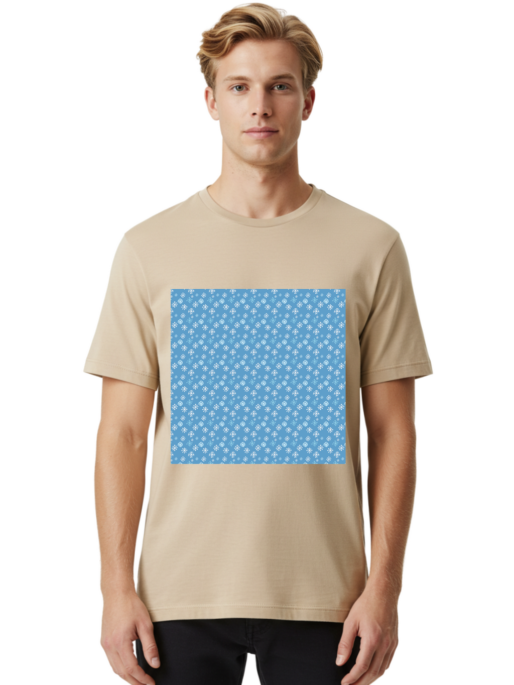 Snowflake-Pattern Men'S Graphic Tee, 100% Cotton, Comfortable Casual Summer Wear, Machine Washable, Snowflakes Pattern, White Snowflakes, Blue Background, Winter Theme, Festive Design, Delicate Snowflakes, Intricate Patterns, Holiday Decor, Aab121