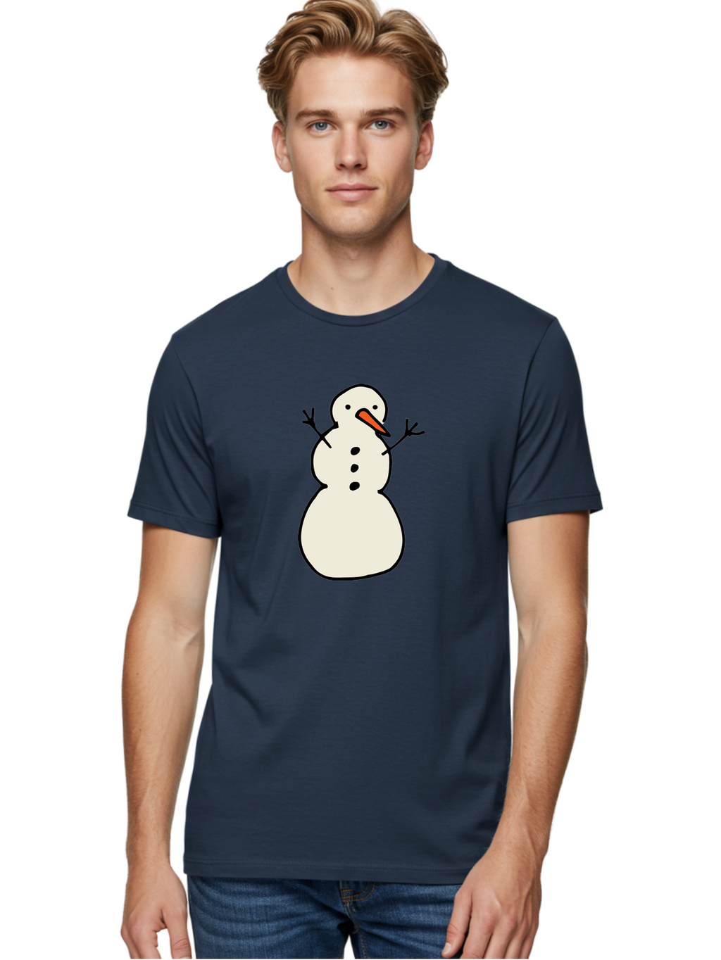 Snowman-1 Men'S Graphic Tee, 100% Cotton, Comfortable Casual Summer Wear, Machine Washable, Cartoon Snowman, White Snowman, Orange Nose, Black Dots, Winter Character, Festive Figure, Snowball Body, Simple Design, Cute Illustration, Aab124