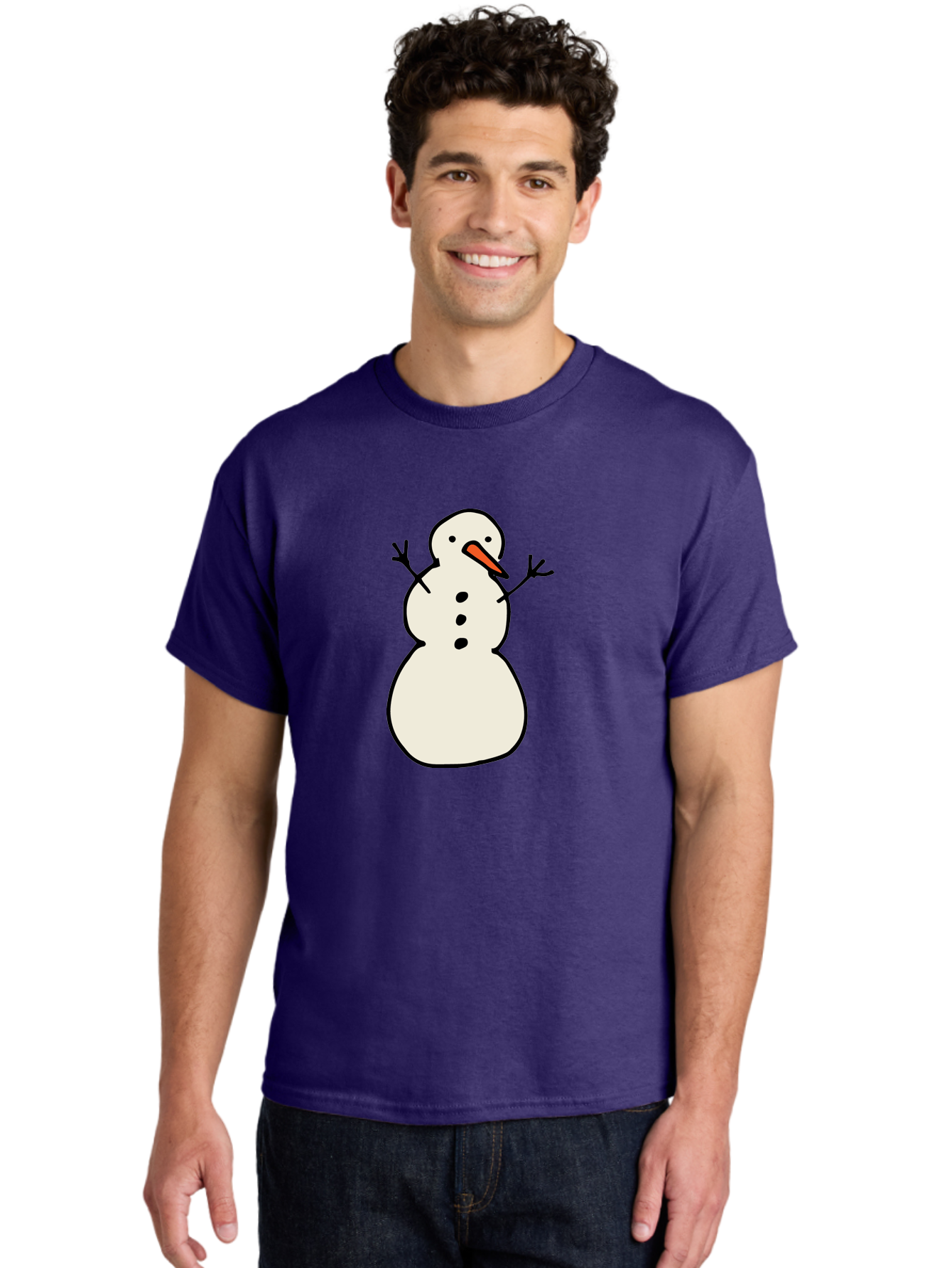 Snowman-1 Men'S Graphic Tee, 100% Cotton, Comfortable Casual Summer Wear, Machine Washable, Cartoon Snowman, White Snowman, Orange Nose, Black Dots, Winter Character, Festive Figure, Snowball Body, Simple Design, Cute Illustration, Aab124