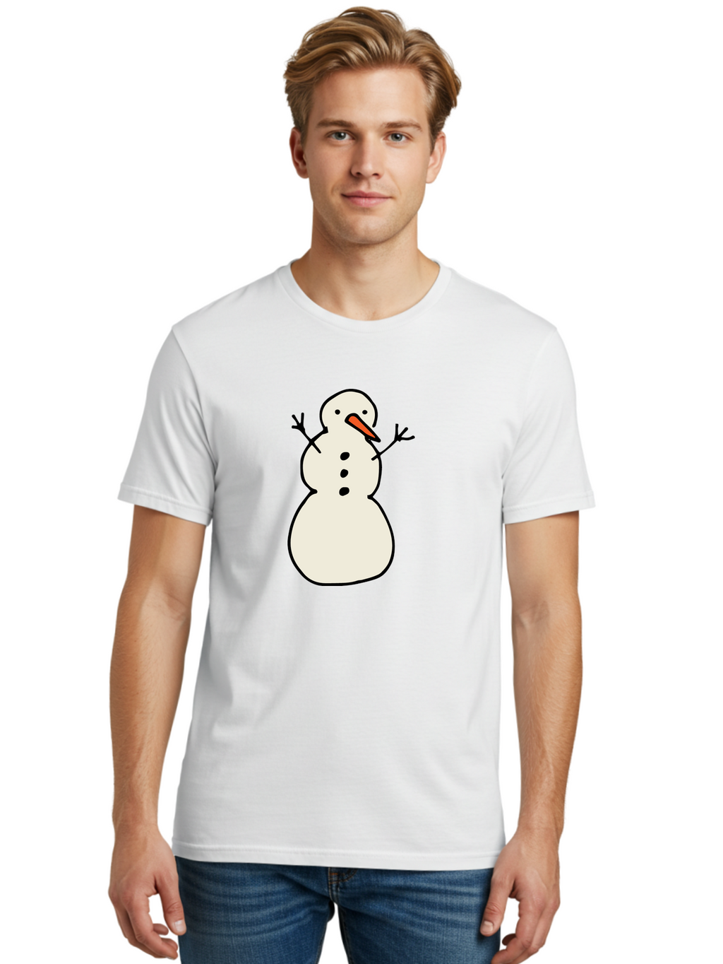 Snowman-1 Men'S Graphic Tee, 100% Cotton, Comfortable Casual Summer Wear, Machine Washable, Cartoon Snowman, White Snowman, Orange Nose, Black Dots, Winter Character, Festive Figure, Snowball Body, Simple Design, Cute Illustration, Aab124