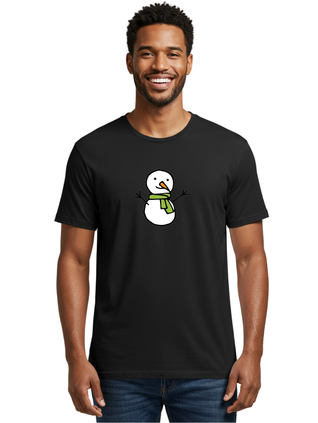 Snowman-4 Men'S Graphic Tee, 100% Cotton, Comfortable Casual Summer Wear, Machine Washable, Cartoon Snowman, Smiling Snowman, Winter Character, Green Scarf, Orange Nose, Friendly Snowman, Christmas Character, Digital Illustration, Aab127