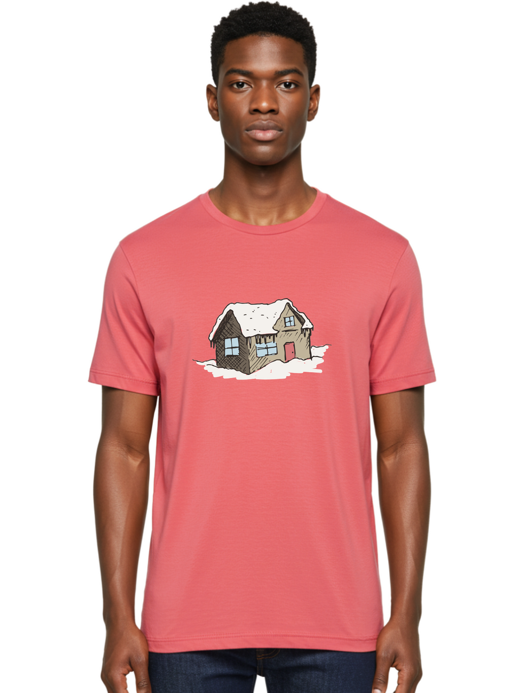 Snowy-House Men'S Graphic Tee, 100% Cotton, Comfortable Casual Summer Wear, Machine Washable, Cozy Winter Home, Snowy Cottage, Red Door, Icicles Hanging, Cold Weather, Winter Scenery, Snow-Covered Roof, Traditional House, Frosty Atmosphere Aab129