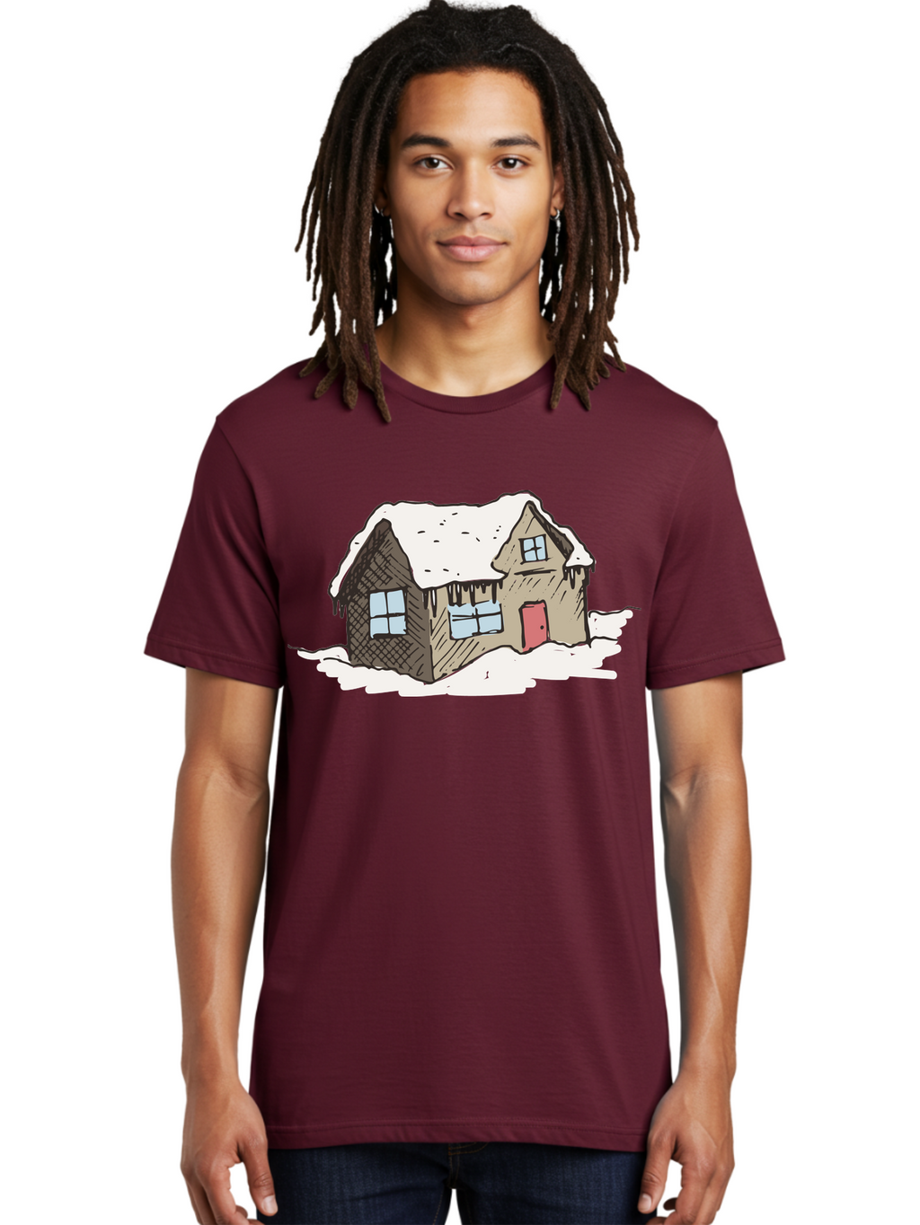 Snowy-House Men'S Graphic Tee, 100% Cotton, Comfortable Casual Summer Wear, Machine Washable, Cozy Winter Home, Snowy Cottage, Red Door, Icicles Hanging, Cold Weather, Winter Scenery, Snow-Covered Roof, Traditional House, Frosty Atmosphere Aab129