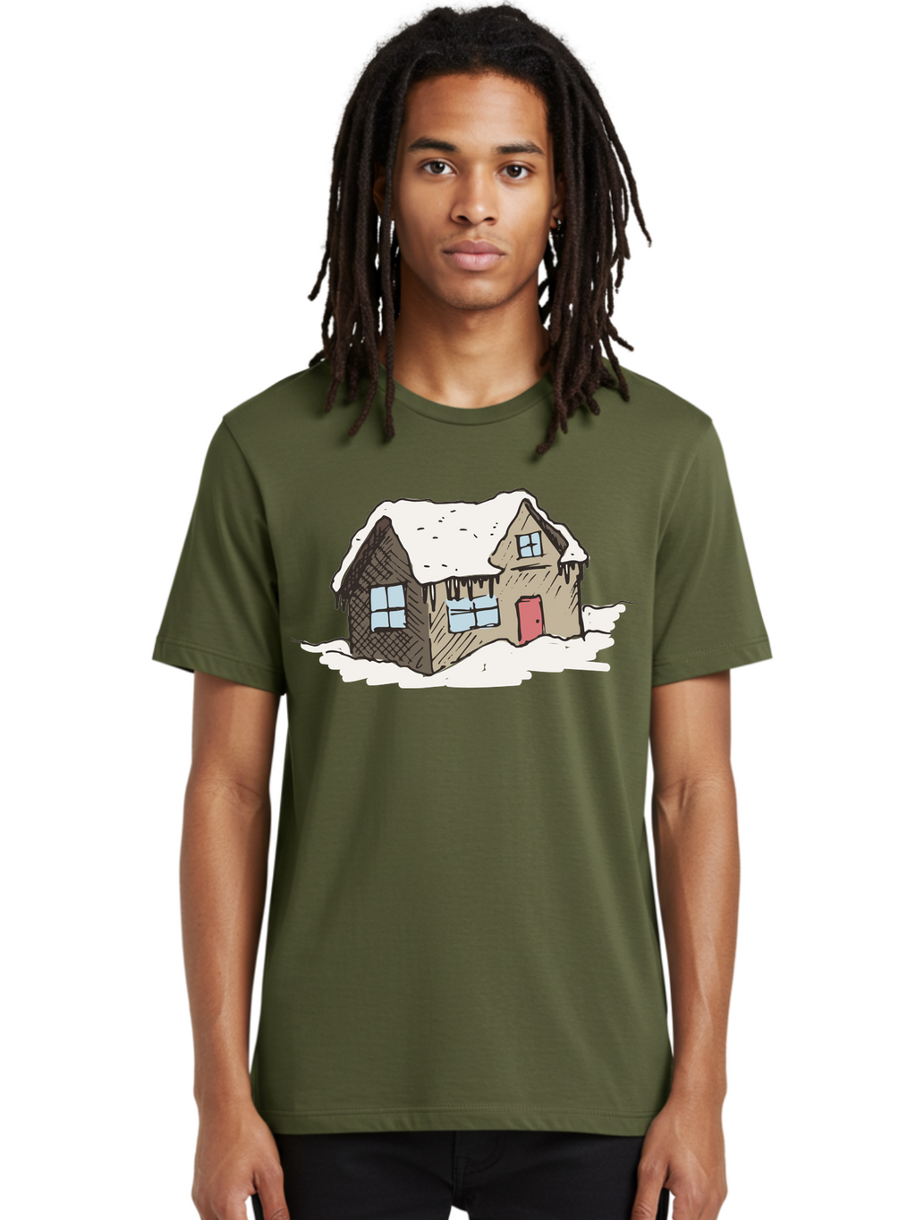 Snowy-House Men'S Graphic Tee, 100% Cotton, Comfortable Casual Summer Wear, Machine Washable, Cozy Winter Home, Snowy Cottage, Red Door, Icicles Hanging, Cold Weather, Winter Scenery, Snow-Covered Roof, Traditional House, Frosty Atmosphere Aab129
