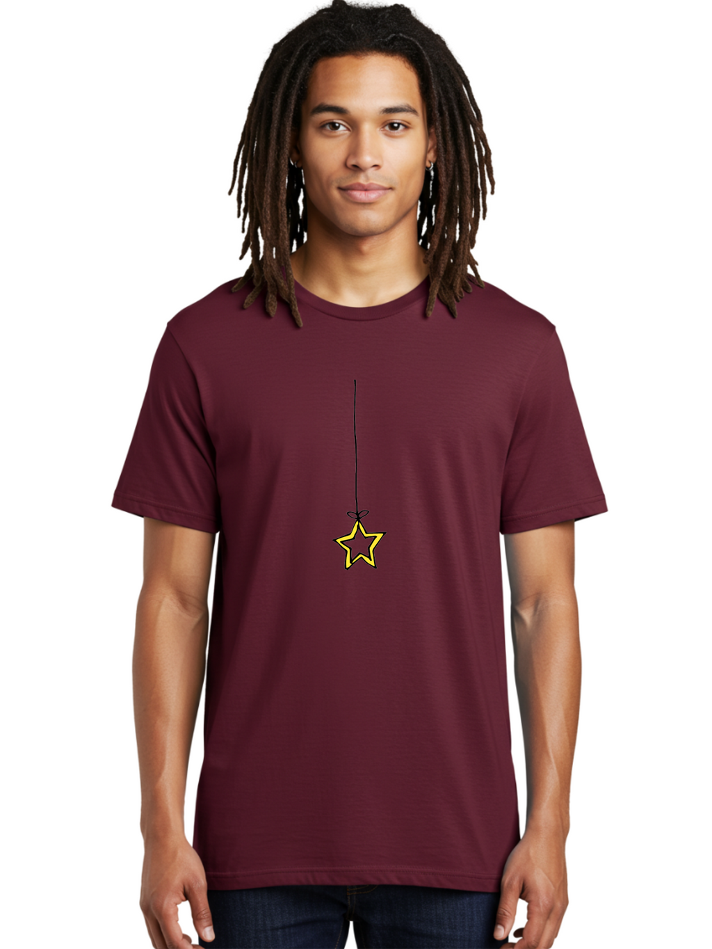 Star-Hanging-On-A-String Men'S Graphic Tee, 100% Cotton, Comfortable Casual Summer Wear, Machine Washable, Yellow Star, Hanging Star, Festive Decoration, Cartoon Style, Holiday Theme, Star Symbol, Decoration Idea, Minimalist Design, Aab133
