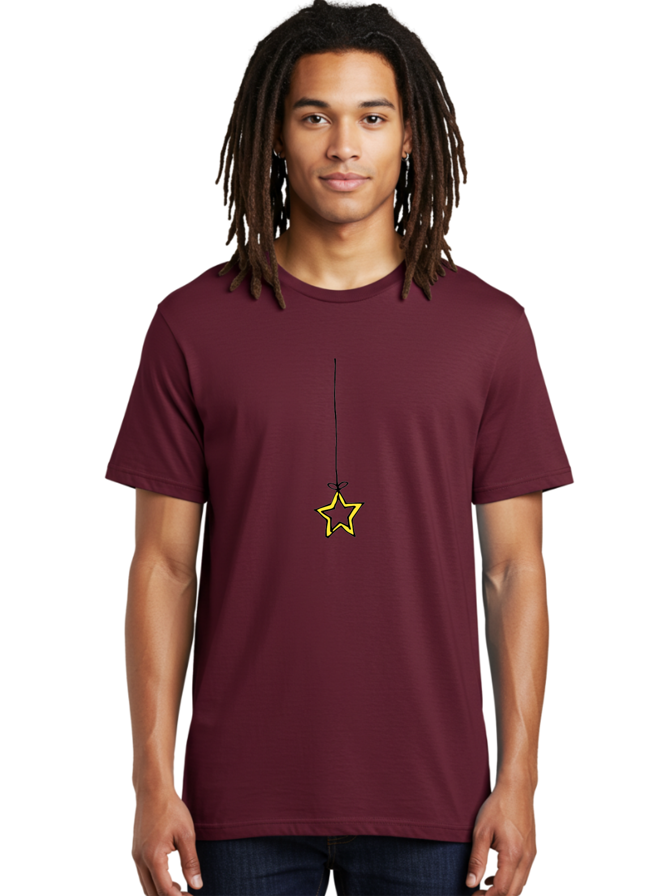 Star-Hanging-On-A-String Men'S Graphic Tee, 100% Cotton, Comfortable Casual Summer Wear, Machine Washable, Yellow Star, Hanging Star, Festive Decoration, Cartoon Style, Holiday Theme, Star Symbol, Decoration Idea, Minimalist Design, Aab133