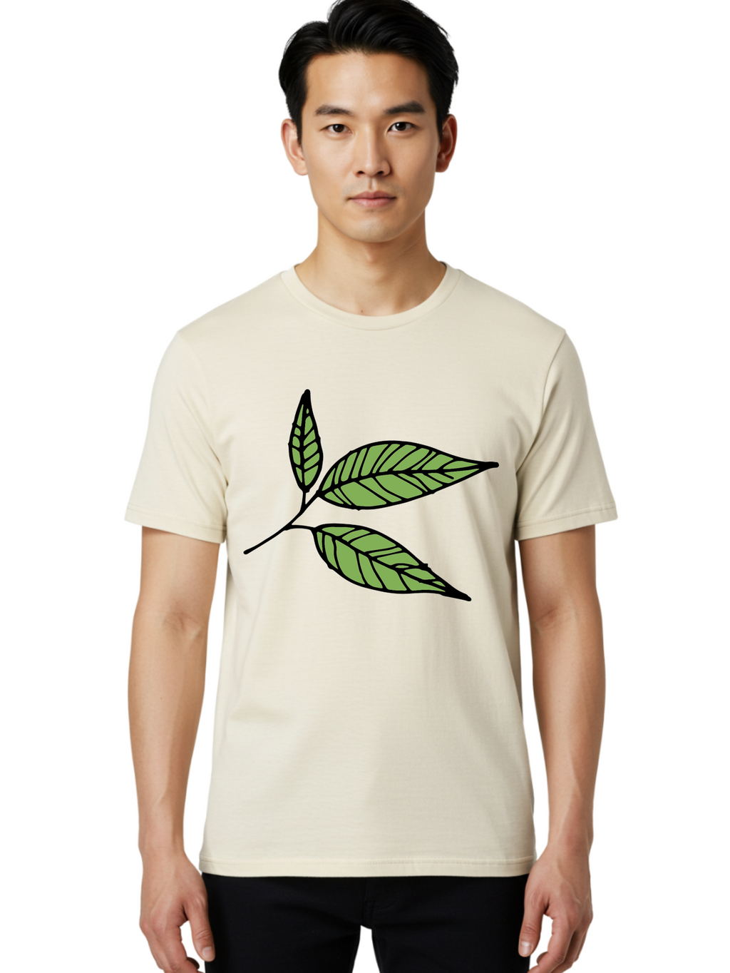 Three-Leaves Men'S Graphic Tee, 100% Cotton, Comfortable Casual Summer Wear, Machine Washable, Simple Leaf Illustration, Minimalist Design, Black Outline, Green Leaves, Leaf Veins, Foliage Artwork, Nature-Inspired Graphics, Aab144
