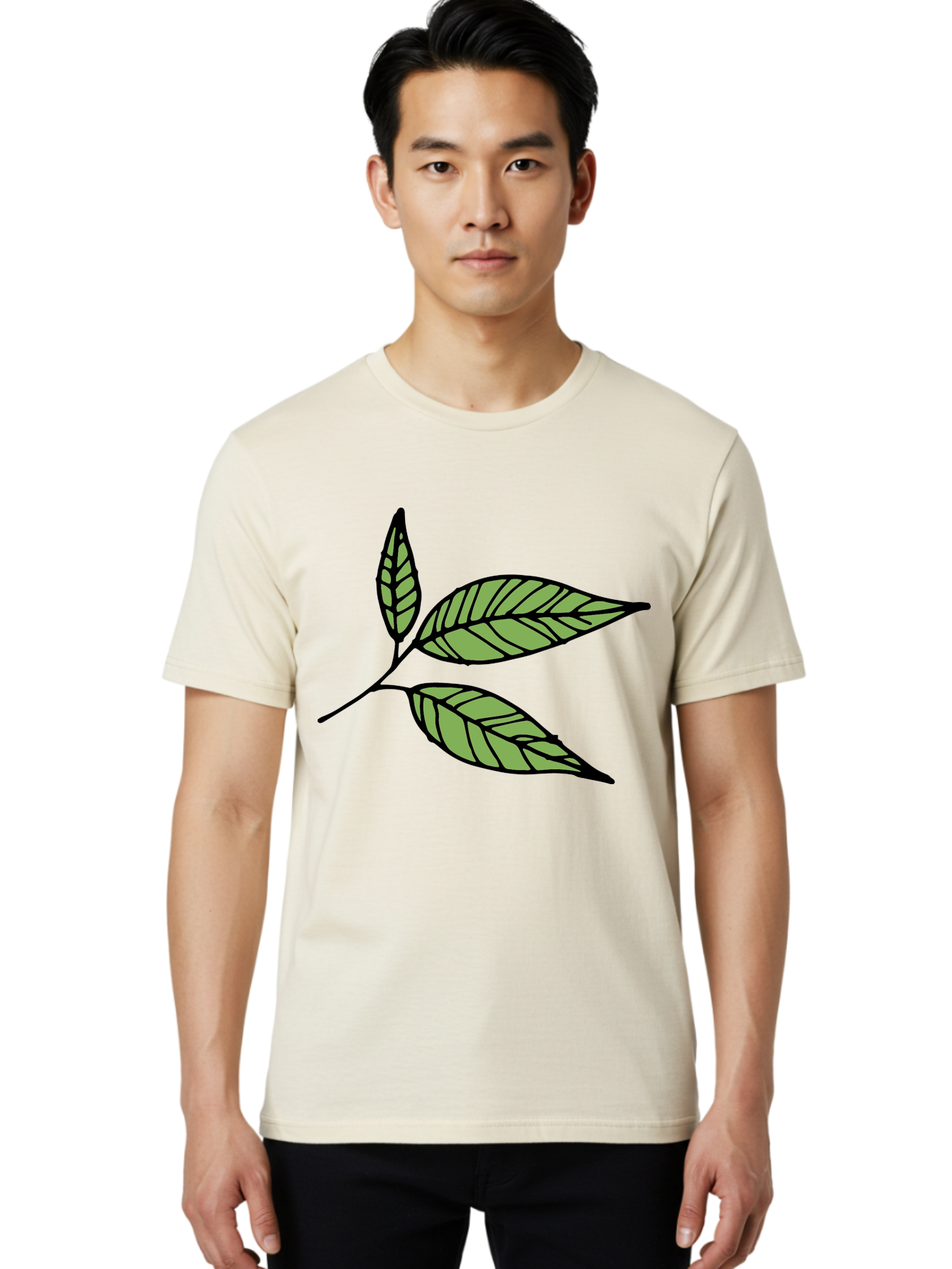 Three-Leaves Men'S Graphic Tee, 100% Cotton, Comfortable Casual Summer Wear, Machine Washable, Simple Leaf Illustration, Minimalist Design, Black Outline, Green Leaves, Leaf Veins, Foliage Artwork, Nature-Inspired Graphics, Aab144