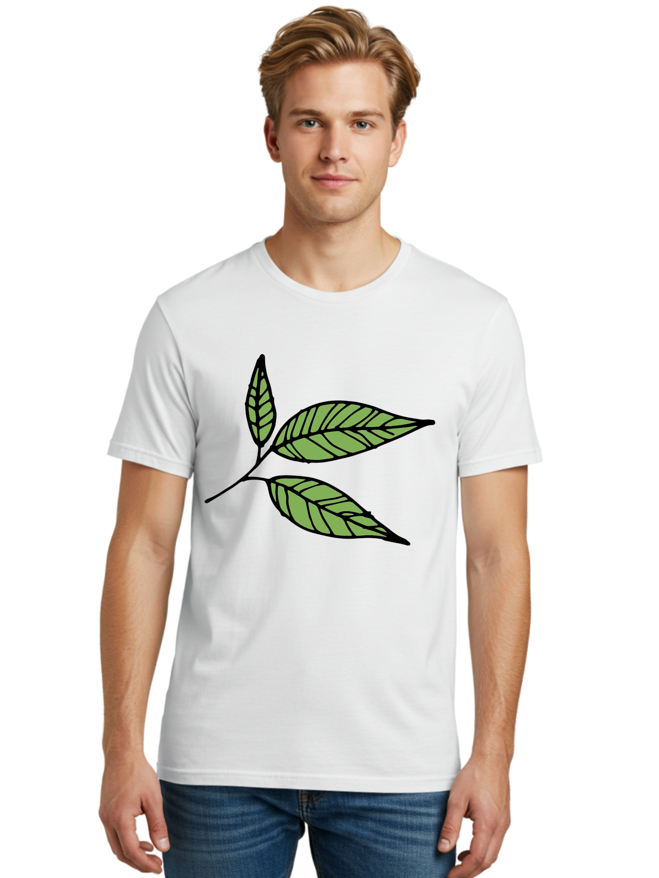 Three-Leaves Men'S Graphic Tee, 100% Cotton, Comfortable Casual Summer Wear, Machine Washable, Simple Leaf Illustration, Minimalist Design, Black Outline, Green Leaves, Leaf Veins, Foliage Artwork, Nature-Inspired Graphics, Aab144