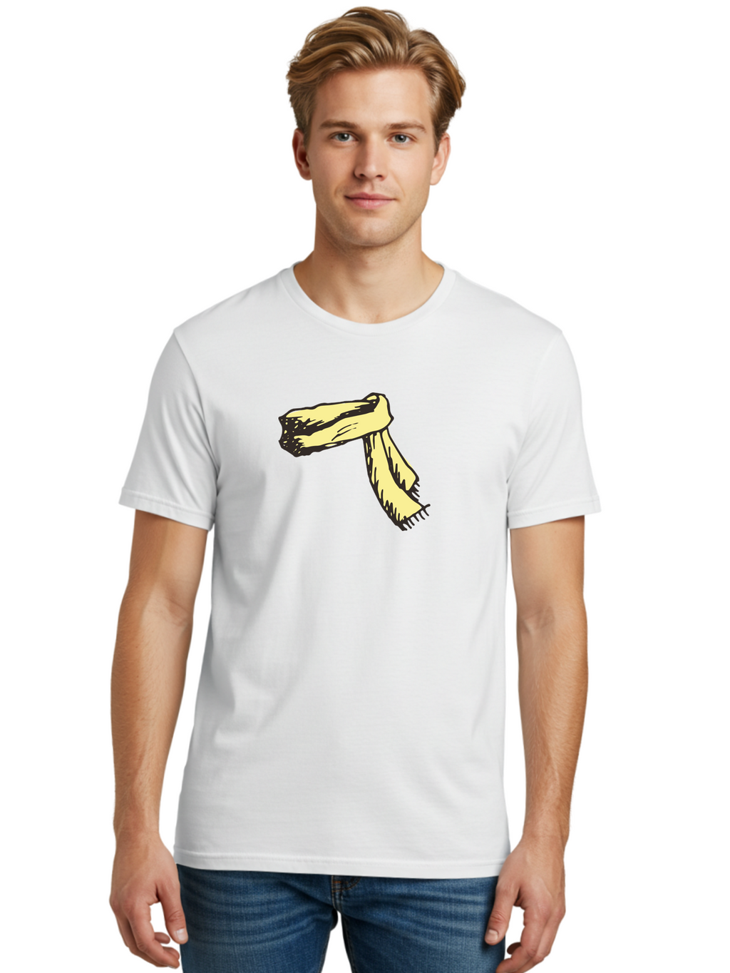 Torn-Fabric Men'S Graphic Tee, 100% Cotton, Comfortable Casual Summer Wear, Machine Washable, Yellow Scarf, Casual Fashion, Accessory, Stylish Look, Fashion Trend, Winter Wear, Clothing Accessory Aab146