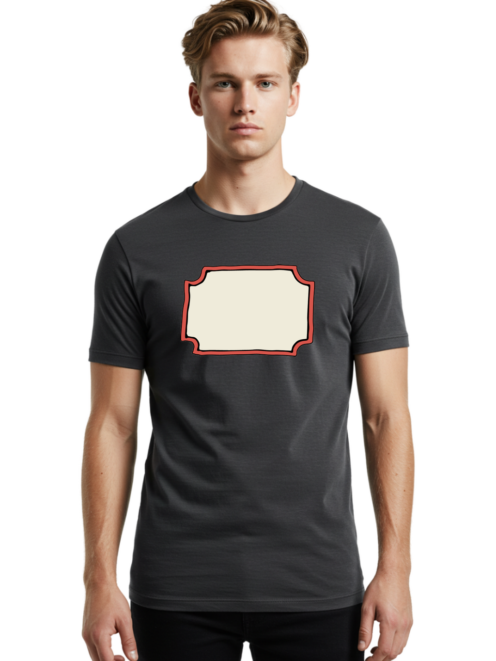 White-Label Men'S Graphic Tee, 100% Cotton, Comfortable Casual Summer Wear, Machine Washable, Blank Sign, Empty Sign, Red Border, White Background, Simple Design, Graphic Element, Customizable Template, Placeholder Text, Signage Mockup Aab163