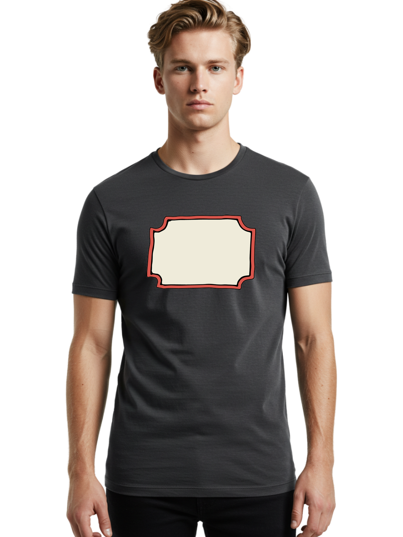White-Label Men'S Graphic Tee, 100% Cotton, Comfortable Casual Summer Wear, Machine Washable, Blank Sign, Empty Sign, Red Border, White Background, Simple Design, Graphic Element, Customizable Template, Placeholder Text, Signage Mockup Aab163