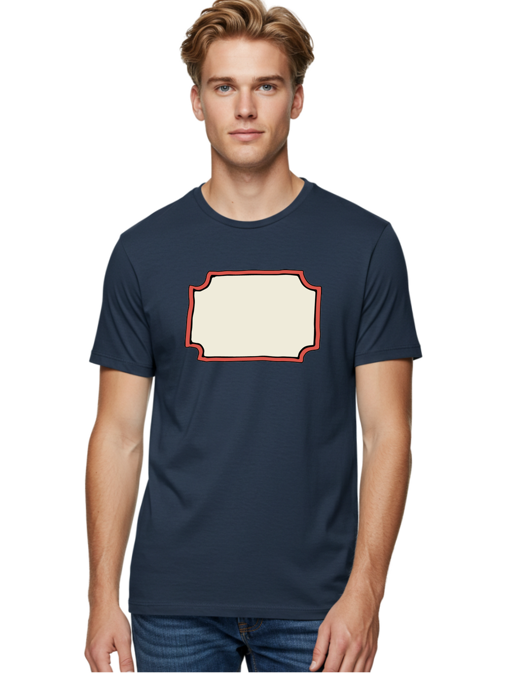 White-Label Men'S Graphic Tee, 100% Cotton, Comfortable Casual Summer Wear, Machine Washable, Blank Sign, Empty Sign, Red Border, White Background, Simple Design, Graphic Element, Customizable Template, Placeholder Text, Signage Mockup Aab163