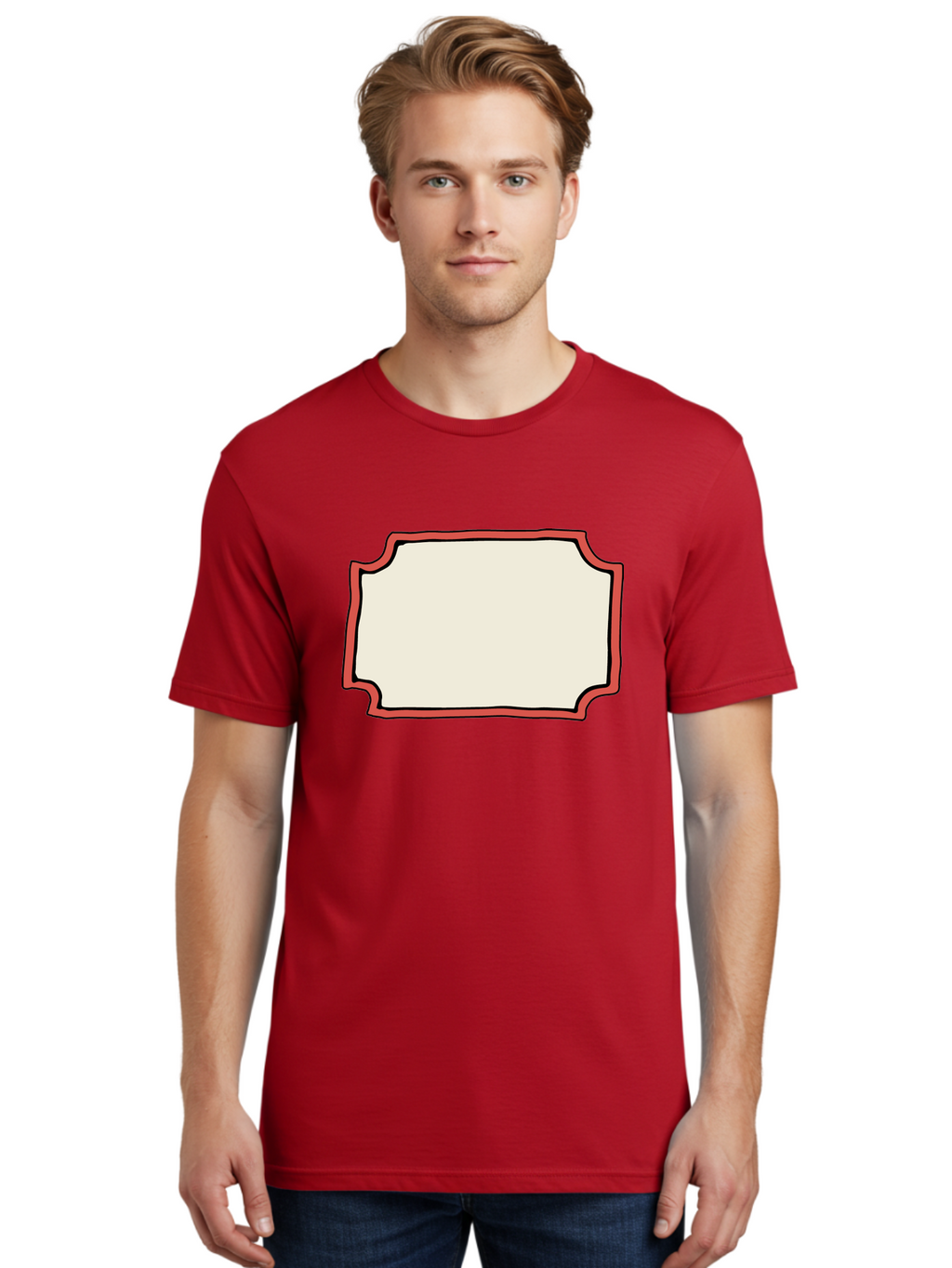 White-Label Men'S Graphic Tee, 100% Cotton, Comfortable Casual Summer Wear, Machine Washable, Blank Sign, Empty Sign, Red Border, White Background, Simple Design, Graphic Element, Customizable Template, Placeholder Text, Signage Mockup Aab163