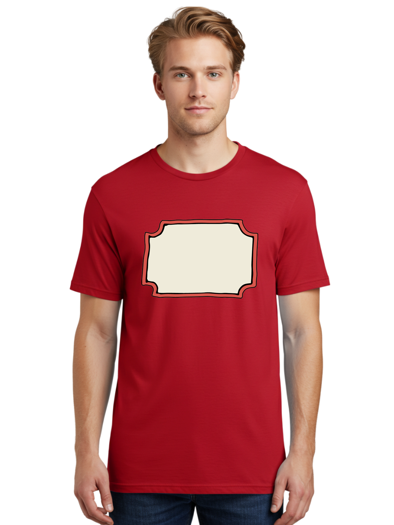 White-Label Men'S Graphic Tee, 100% Cotton, Comfortable Casual Summer Wear, Machine Washable, Blank Sign, Empty Sign, Red Border, White Background, Simple Design, Graphic Element, Customizable Template, Placeholder Text, Signage Mockup Aab163