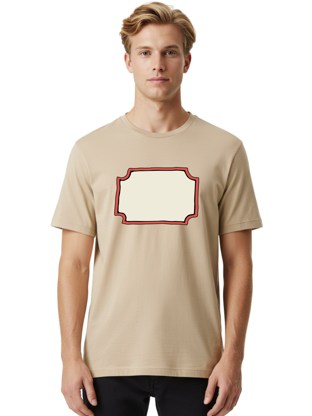 White-Label Men'S Graphic Tee, 100% Cotton, Comfortable Casual Summer Wear, Machine Washable, Blank Sign, Empty Sign, Red Border, White Background, Simple Design, Graphic Element, Customizable Template, Placeholder Text, Signage Mockup Aab163