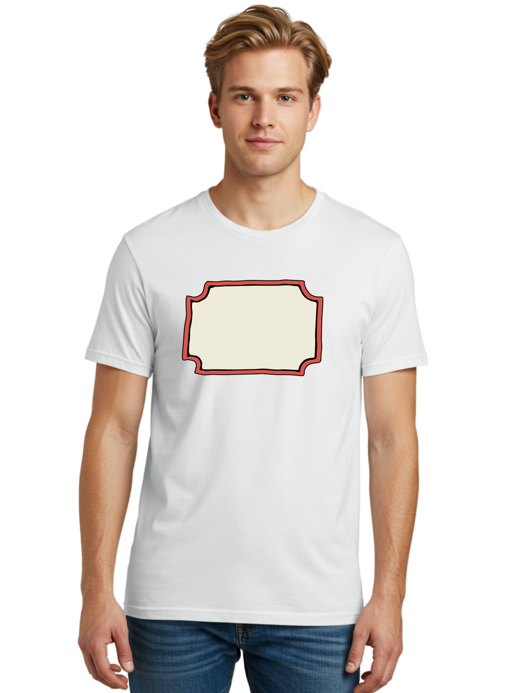 White-Label Men'S Graphic Tee, 100% Cotton, Comfortable Casual Summer Wear, Machine Washable, Blank Sign, Empty Sign, Red Border, White Background, Simple Design, Graphic Element, Customizable Template, Placeholder Text, Signage Mockup Aab163