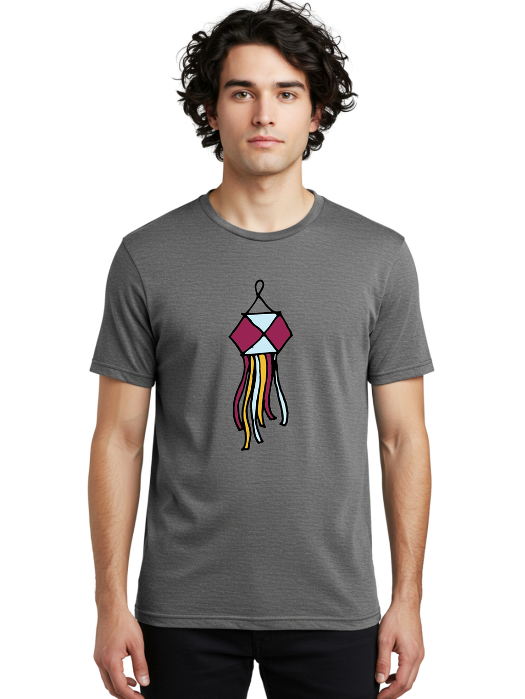 Windchime Men'S Graphic Tee, 100% Cotton, Comfortable Casual Summer Wear, Machine Washable, Hanging Decoration, Wind Chime, Colorful Tassels, Maroon And White, Yellow And White, Decorative Art, Flowing Ribbons, Festive Decor, Celebratory Theme Aab166