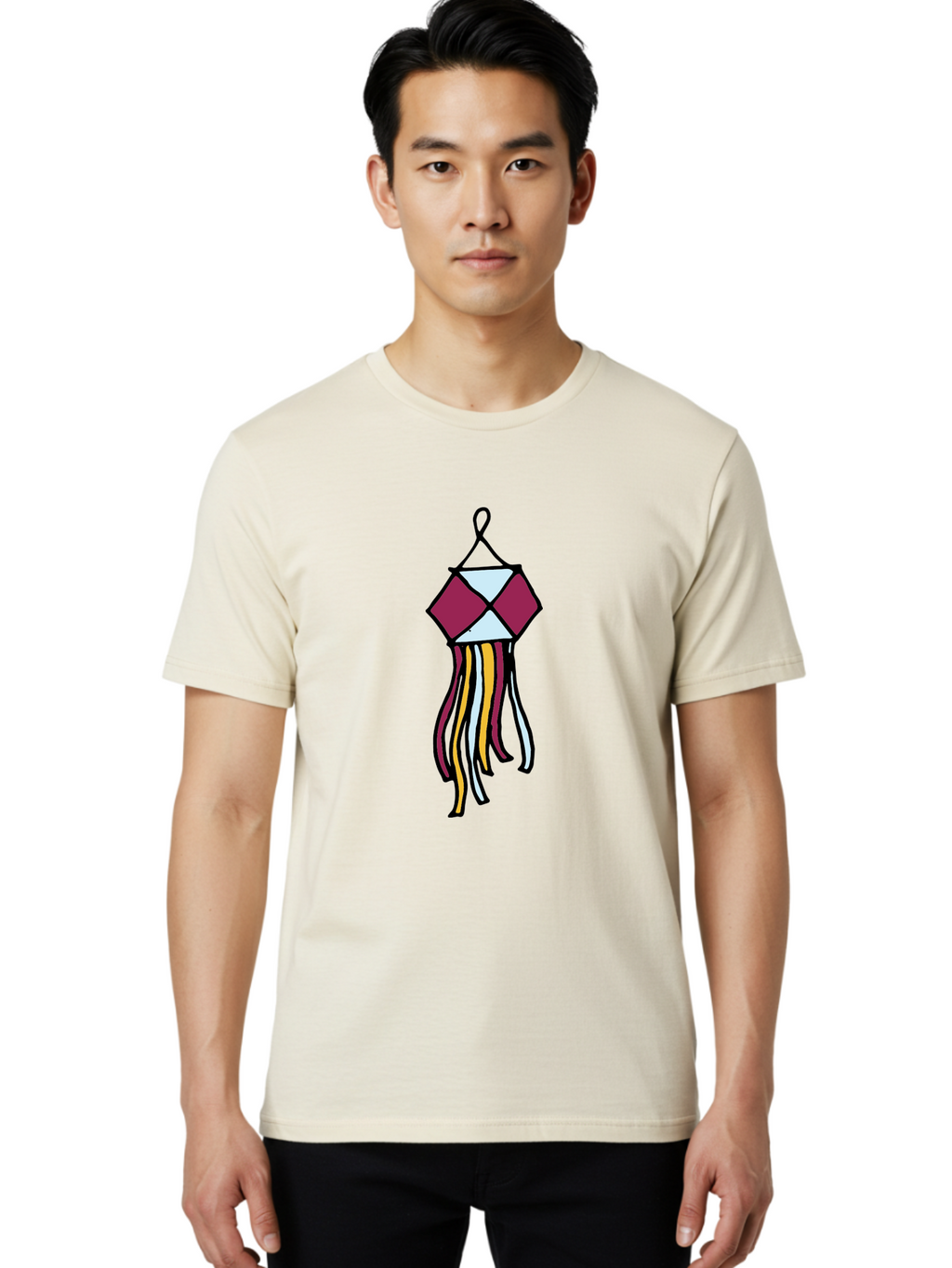 Windchime Men'S Graphic Tee, 100% Cotton, Comfortable Casual Summer Wear, Machine Washable, Hanging Decoration, Wind Chime, Colorful Tassels, Maroon And White, Yellow And White, Decorative Art, Flowing Ribbons, Festive Decor, Celebratory Theme Aab166