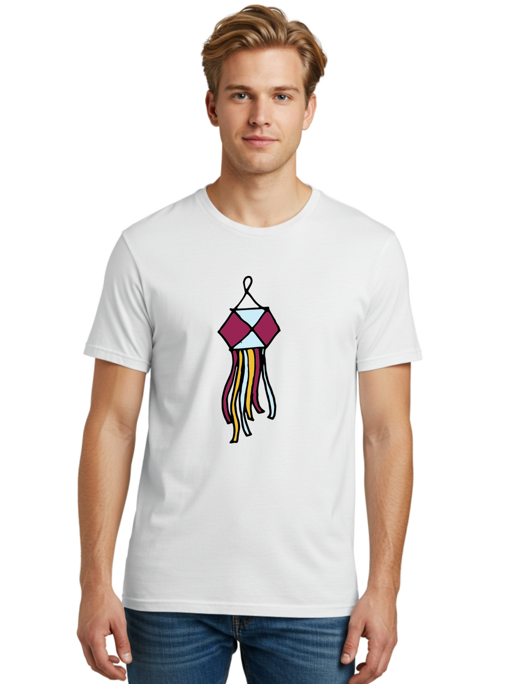 Windchime Men'S Graphic Tee, 100% Cotton, Comfortable Casual Summer Wear, Machine Washable, Hanging Decoration, Wind Chime, Colorful Tassels, Maroon And White, Yellow And White, Decorative Art, Flowing Ribbons, Festive Decor, Celebratory Theme Aab166