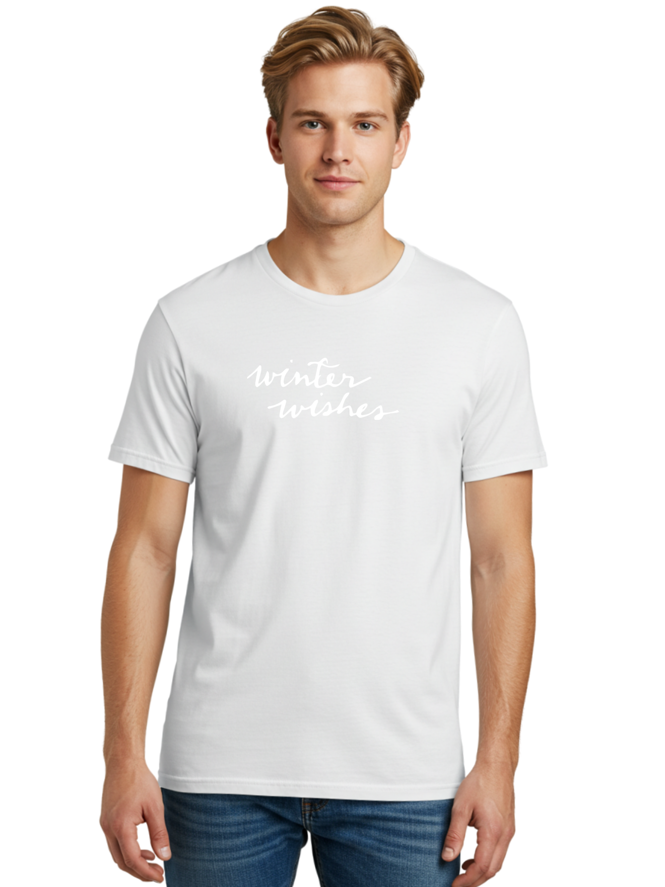 Winter-Wishes Men'S Graphic Tee, 100% Cotton, Comfortable Casual Summer Wear, Machine Washable, Winter Wishes, Festive Greeting, Holiday Message, Cursive Text, White Font, Seasonal Wishes, Winter Season, Holiday Card Aab171