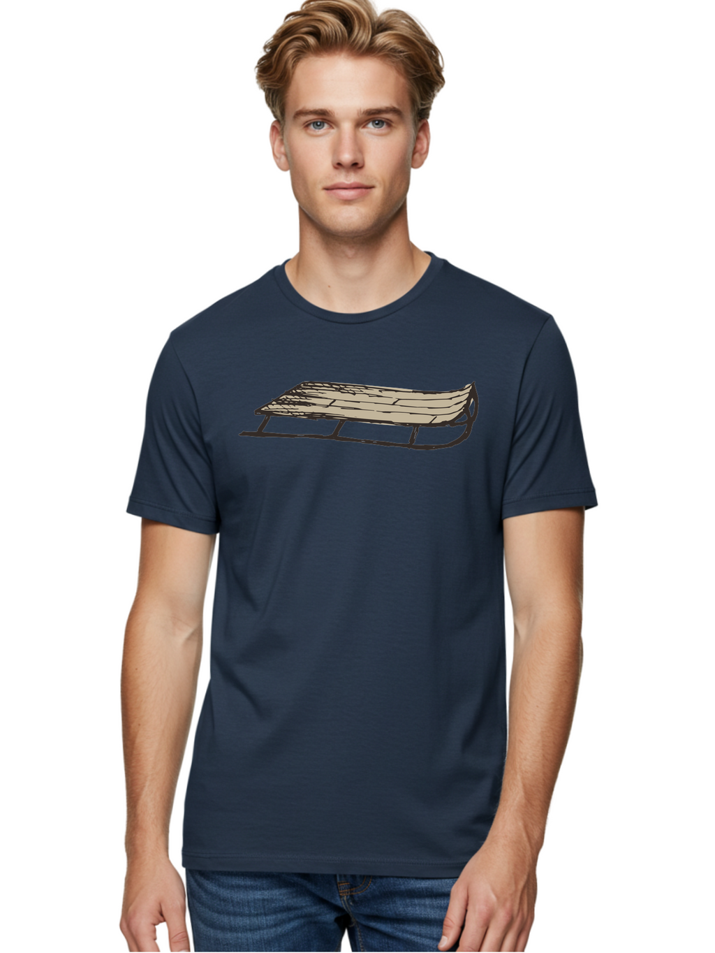 Wooden-Sled Men'S Graphic Tee, 100% Cotton, Comfortable Casual Summer Wear, Machine Washable, Vintage Sled, Wooden Slats, Metal Runners, Winter Fun, Outdoor Play, Cartoon Style, Simple Design, Nostalgic Feel, Retro Illustration, Aab174