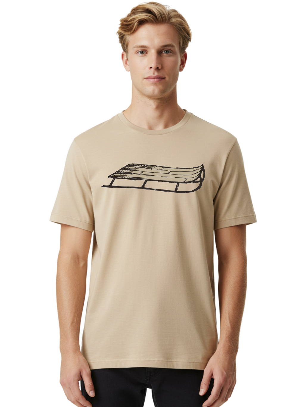 Wooden-Sled Men'S Graphic Tee, 100% Cotton, Comfortable Casual Summer Wear, Machine Washable, Vintage Sled, Wooden Slats, Metal Runners, Winter Fun, Outdoor Play, Cartoon Style, Simple Design, Nostalgic Feel, Retro Illustration, Aab174