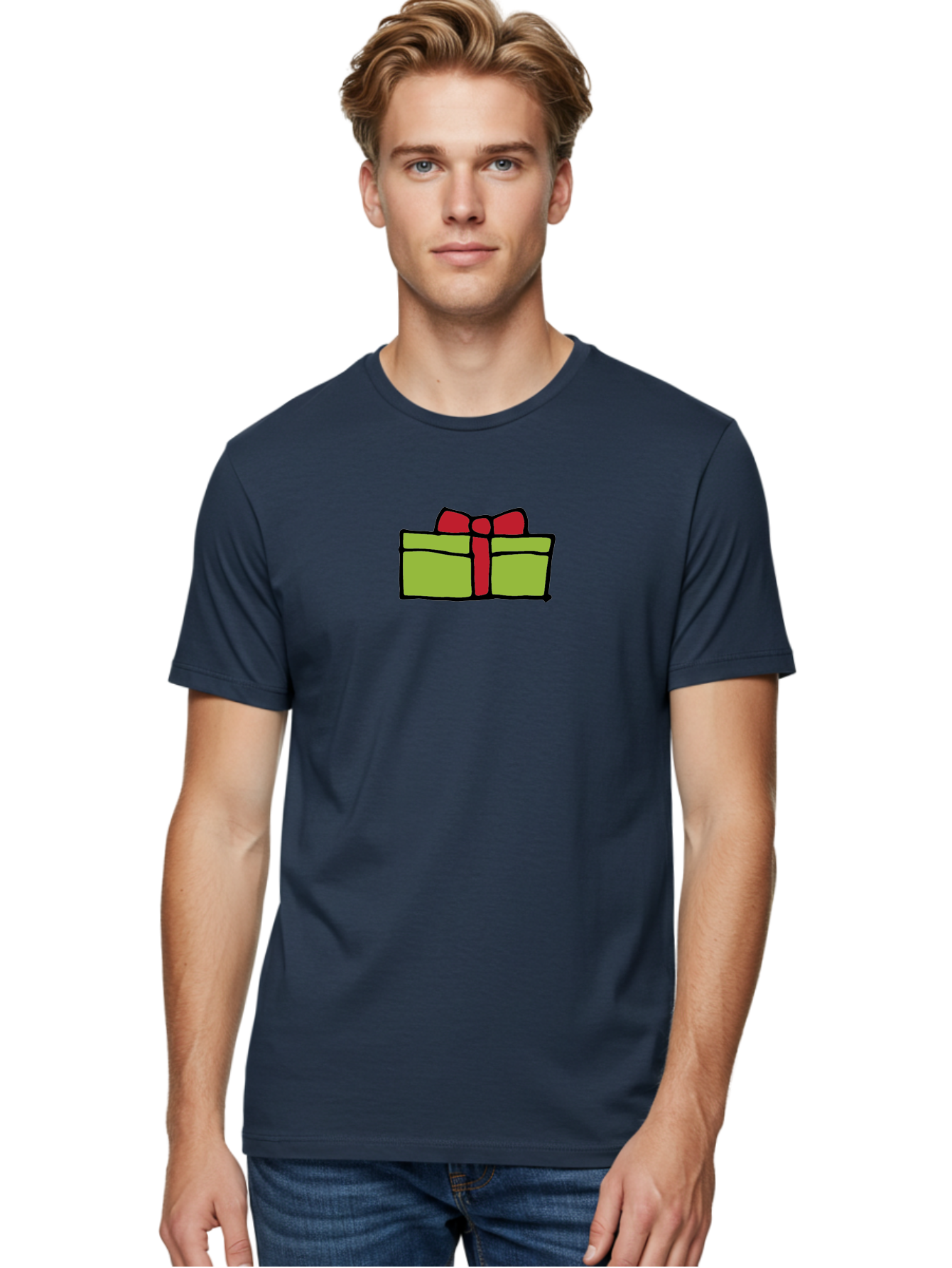 Wrapped-Gift Men'S Graphic Tee, 100% Cotton, Comfortable Casual Summer Wear, Machine Washable, Wrapped Gift, Red Bow, Festive Present, Holiday Season, Gift Giving, Celebration, Cartoon Illustration, Simple Design, Minimalist Art Aab176