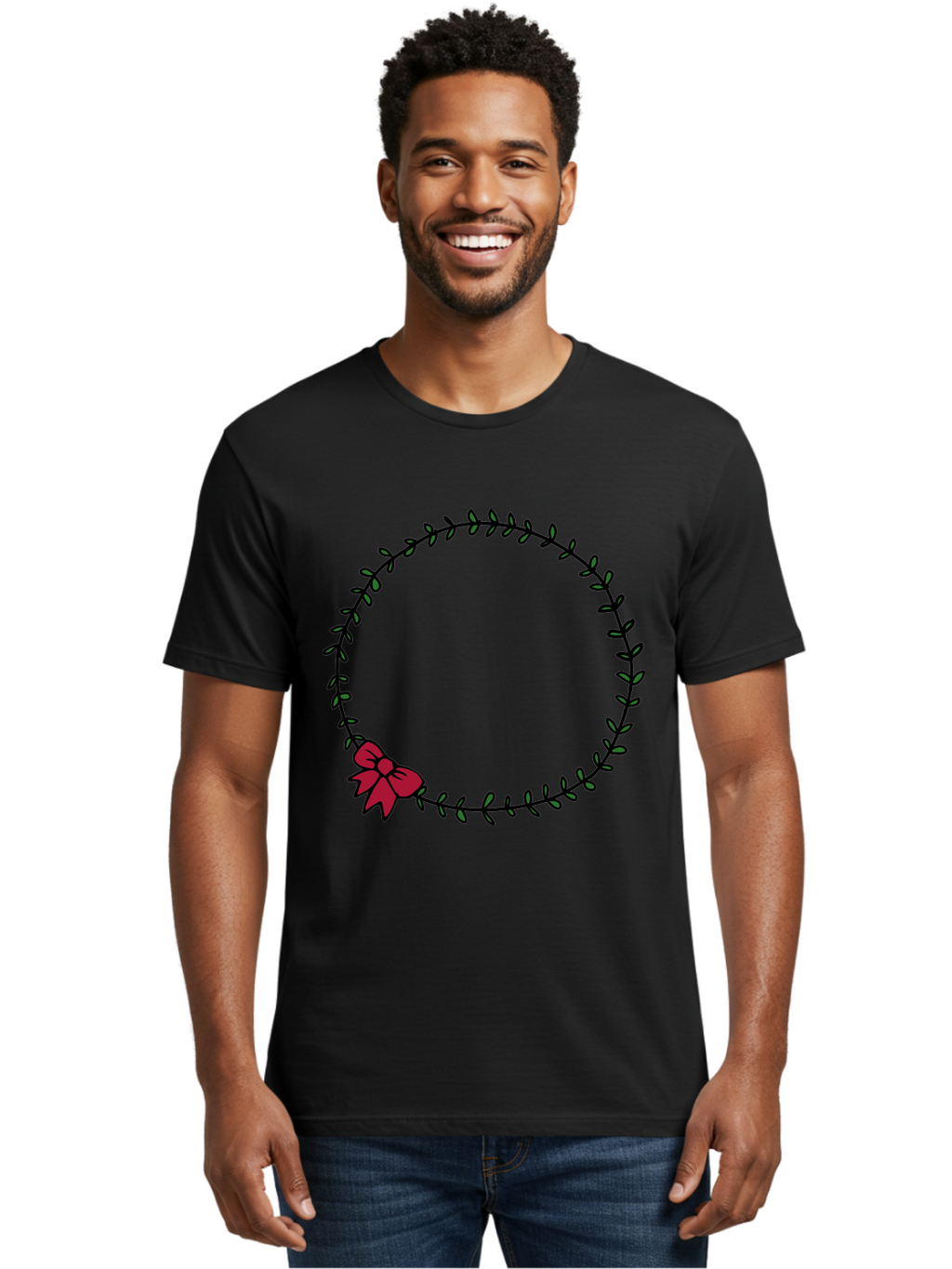 Wreath-With-Bow Men'S Graphic Tee, 100% Cotton, Comfortable Casual Summer Wear, Machine Washable, Floral Wreath, Circular Frame, Red Bow, Black Leaves, Decorative Border, Elegant Design, Minimalist Style, Festive Atmosphere Aab177