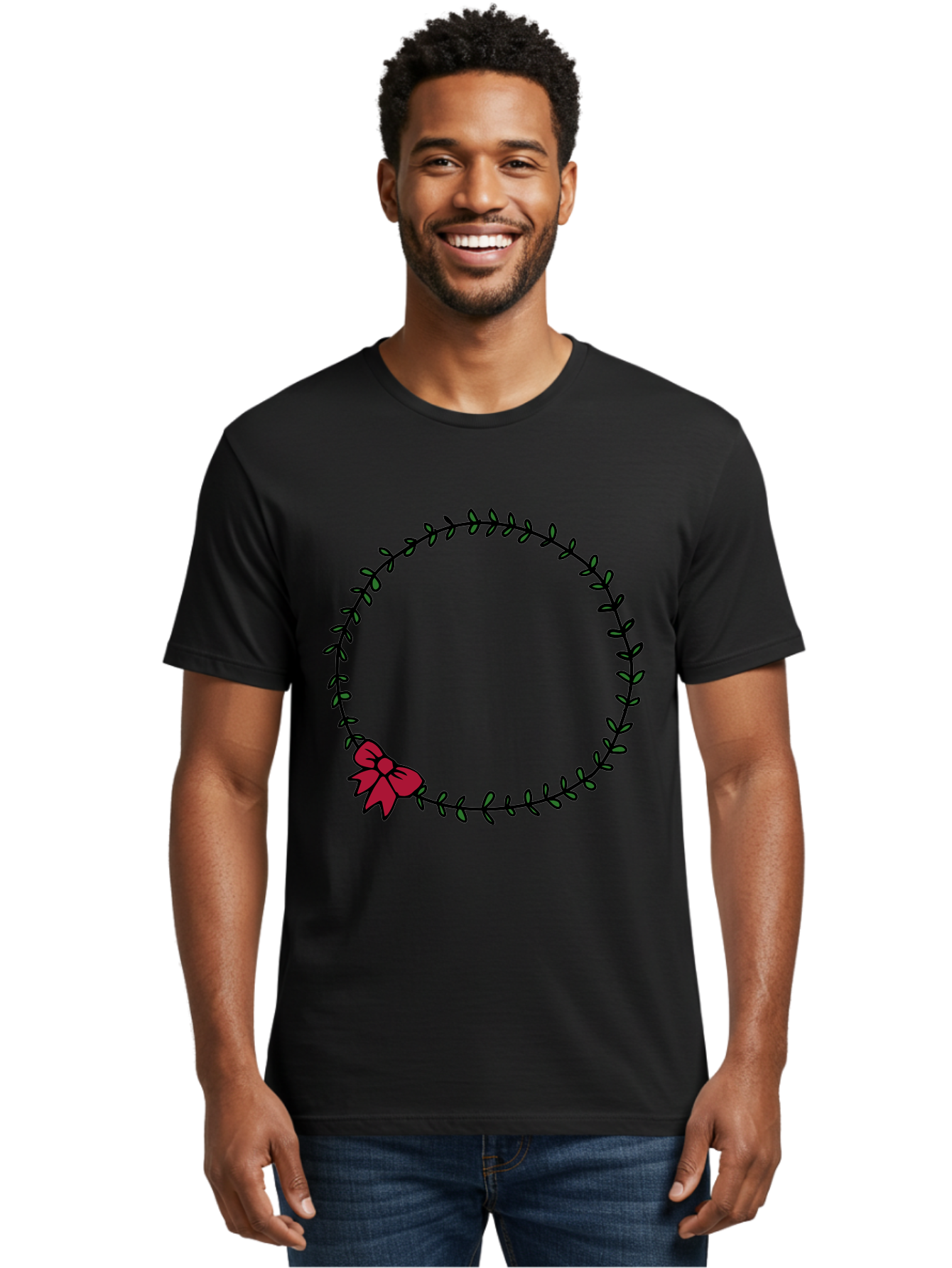 Wreath-With-Bow Men'S Graphic Tee, 100% Cotton, Comfortable Casual Summer Wear, Machine Washable, Floral Wreath, Circular Frame, Red Bow, Black Leaves, Decorative Border, Elegant Design, Minimalist Style, Festive Atmosphere Aab177