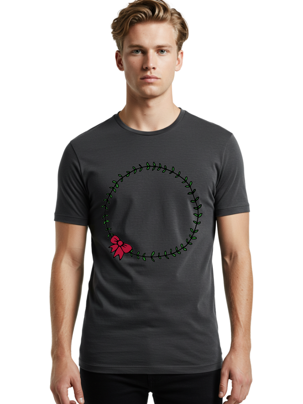 Wreath-With-Bow Men'S Graphic Tee, 100% Cotton, Comfortable Casual Summer Wear, Machine Washable, Floral Wreath, Circular Frame, Red Bow, Black Leaves, Decorative Border, Elegant Design, Minimalist Style, Festive Atmosphere Aab177