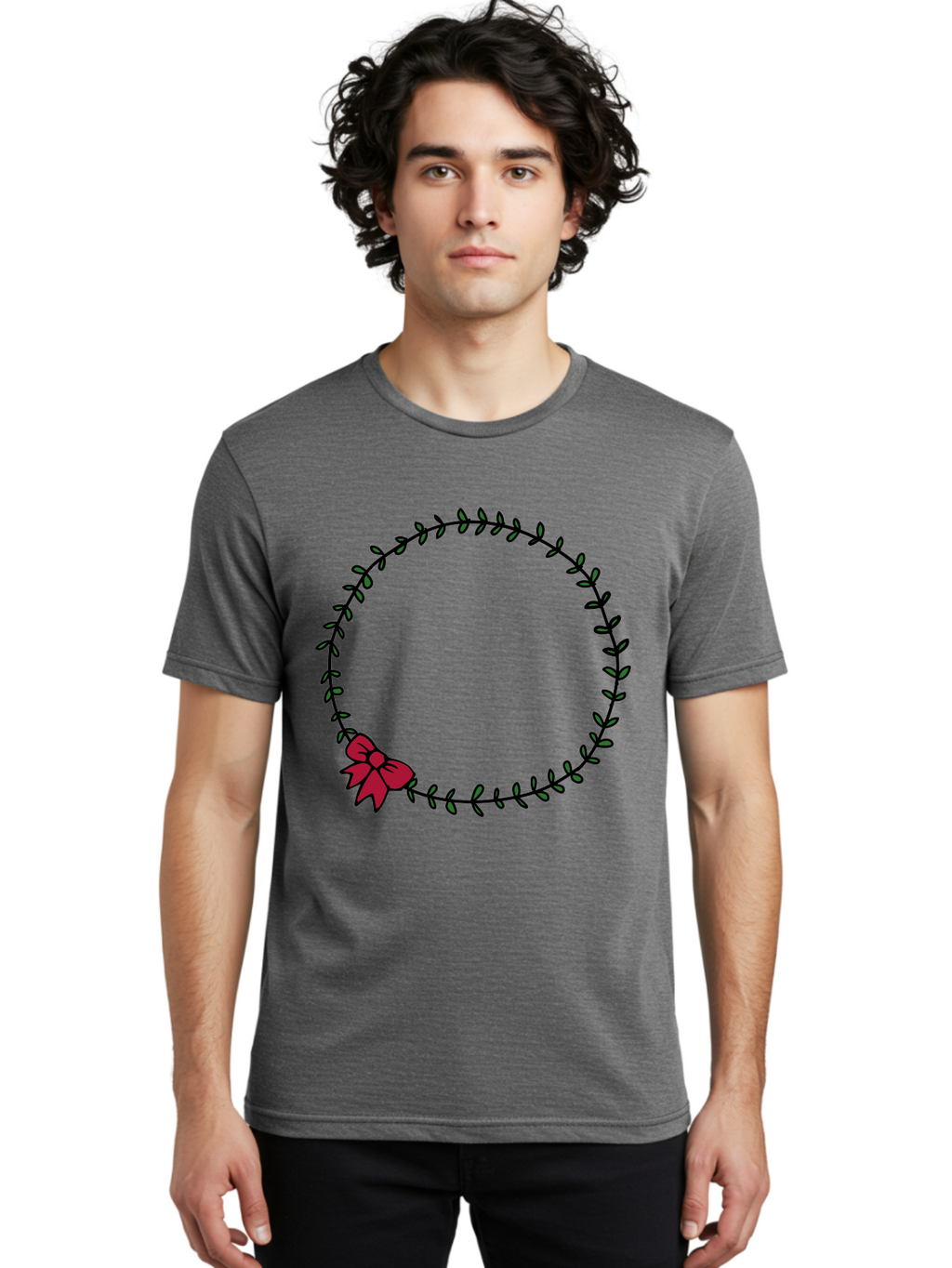 Wreath-With-Bow Men'S Graphic Tee, 100% Cotton, Comfortable Casual Summer Wear, Machine Washable, Floral Wreath, Circular Frame, Red Bow, Black Leaves, Decorative Border, Elegant Design, Minimalist Style, Festive Atmosphere Aab177