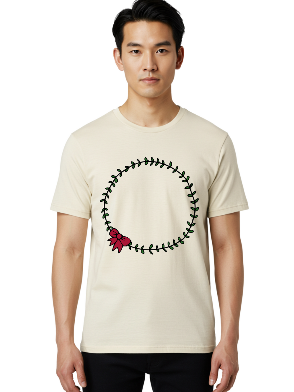 Wreath-With-Bow Men'S Graphic Tee, 100% Cotton, Comfortable Casual Summer Wear, Machine Washable, Floral Wreath, Circular Frame, Red Bow, Black Leaves, Decorative Border, Elegant Design, Minimalist Style, Festive Atmosphere Aab177