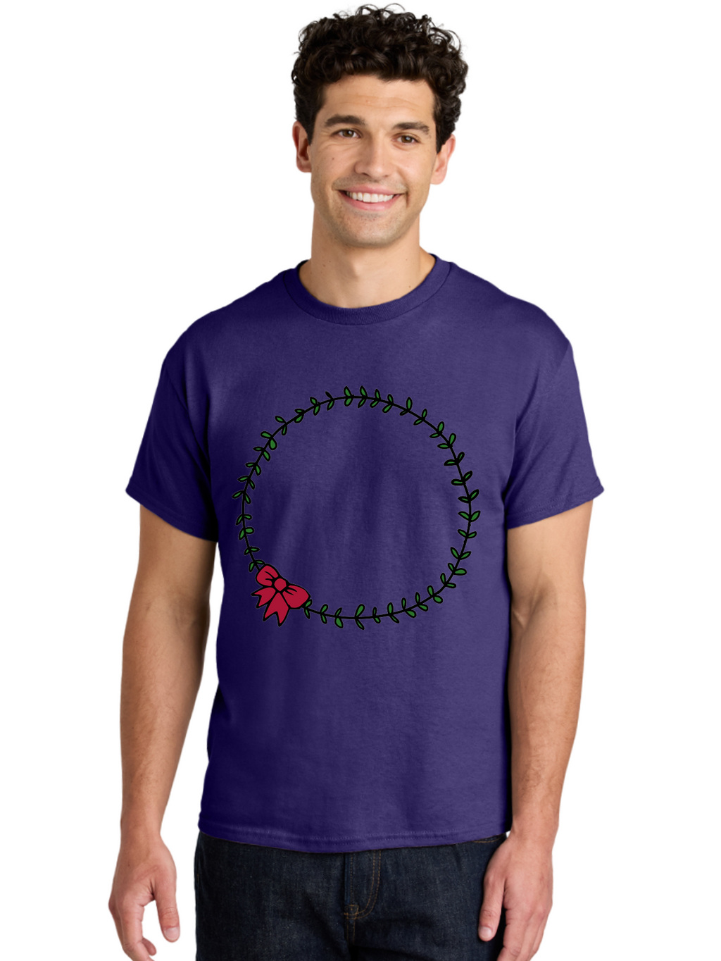 Wreath-With-Bow Men'S Graphic Tee, 100% Cotton, Comfortable Casual Summer Wear, Machine Washable, Floral Wreath, Circular Frame, Red Bow, Black Leaves, Decorative Border, Elegant Design, Minimalist Style, Festive Atmosphere Aab177