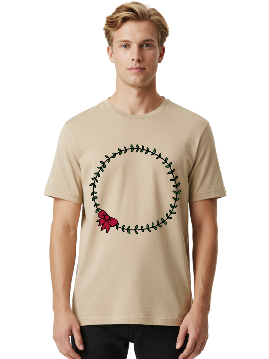 Wreath-With-Bow Men'S Graphic Tee, 100% Cotton, Comfortable Casual Summer Wear, Machine Washable, Floral Wreath, Circular Frame, Red Bow, Black Leaves, Decorative Border, Elegant Design, Minimalist Style, Festive Atmosphere Aab177