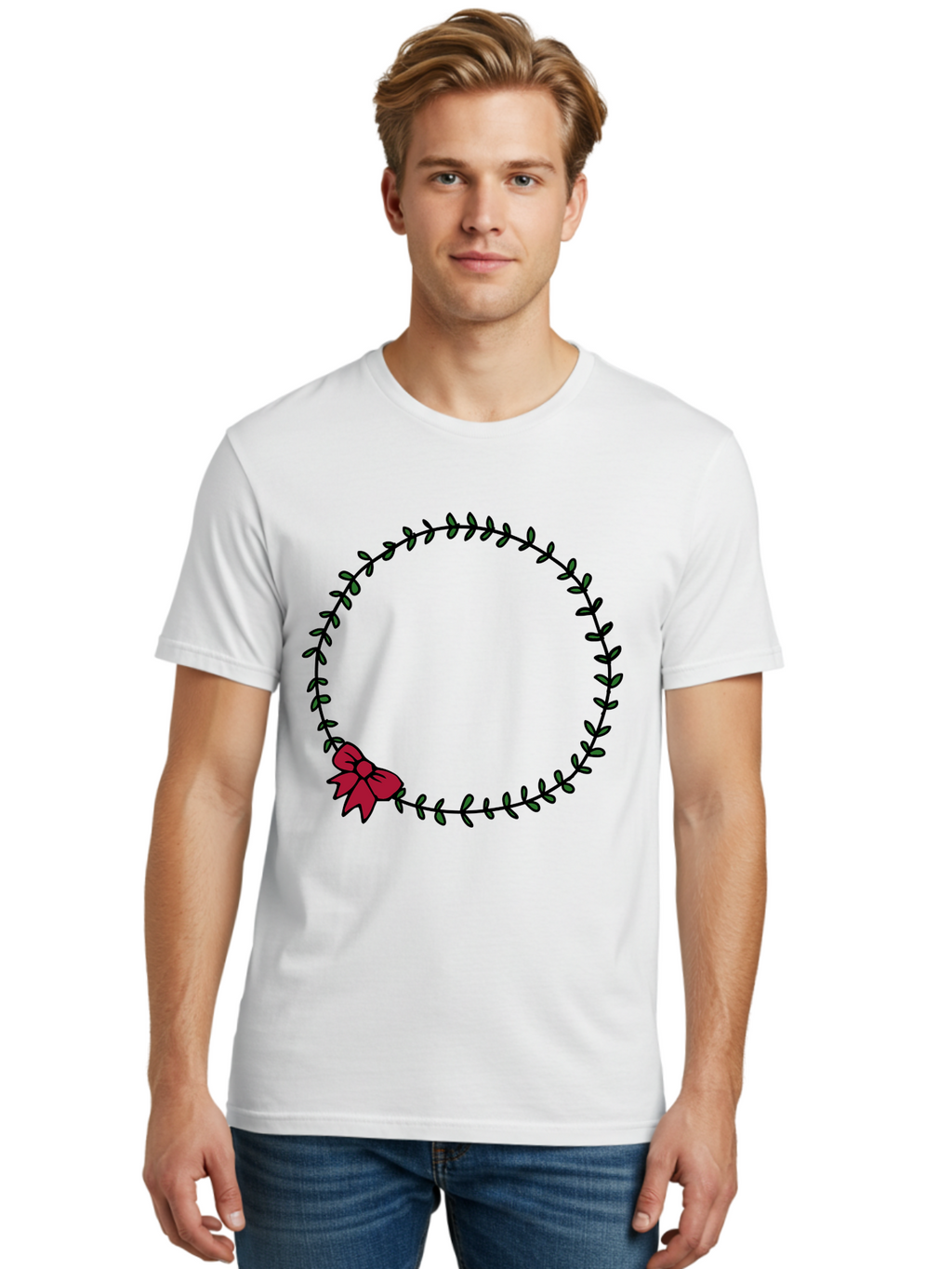 Wreath-With-Bow Men'S Graphic Tee, 100% Cotton, Comfortable Casual Summer Wear, Machine Washable, Floral Wreath, Circular Frame, Red Bow, Black Leaves, Decorative Border, Elegant Design, Minimalist Style, Festive Atmosphere Aab177