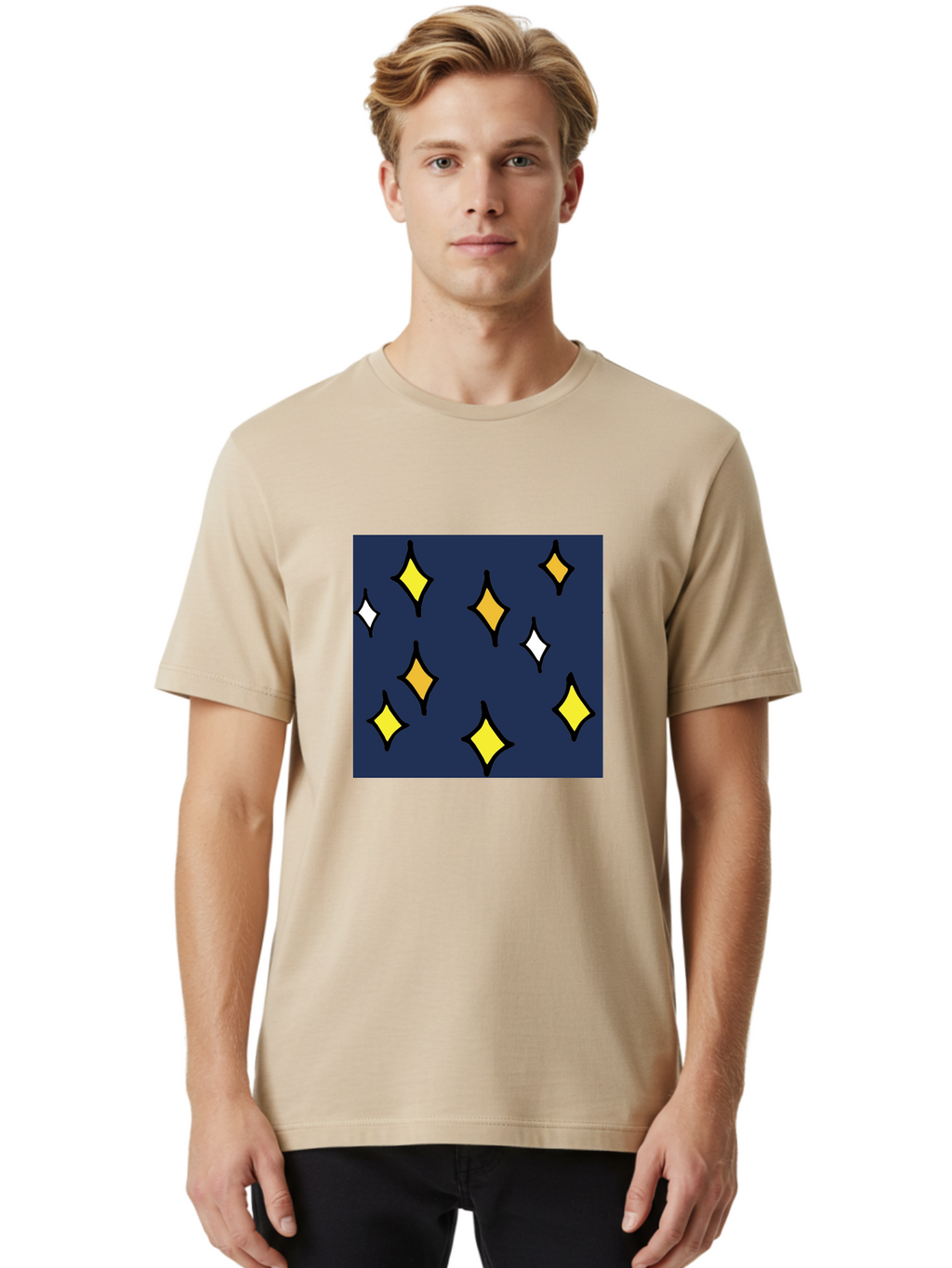Yellow-Diamonds Men'S Graphic Tee, 100% Cotton, Comfortable Casual Summer Wear, Machine Washable, Diamond Shapes, Yellow And White Diamonds, Dark Blue Background, Abstract Design, Modern Art, Minimalist Style, Geometric Pattern, Aab180