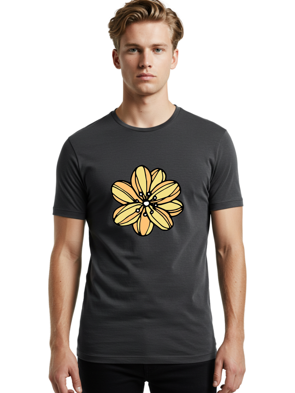 Yellow-Flower Men'S Graphic Tee, 100% Cotton, Comfortable Casual Summer Wear, Machine Washable, Cartoon Flower, Yellow Petals, Simple Design, Black Outline, Floral Illustration, Digital Art, Minimalist Style Aab182
