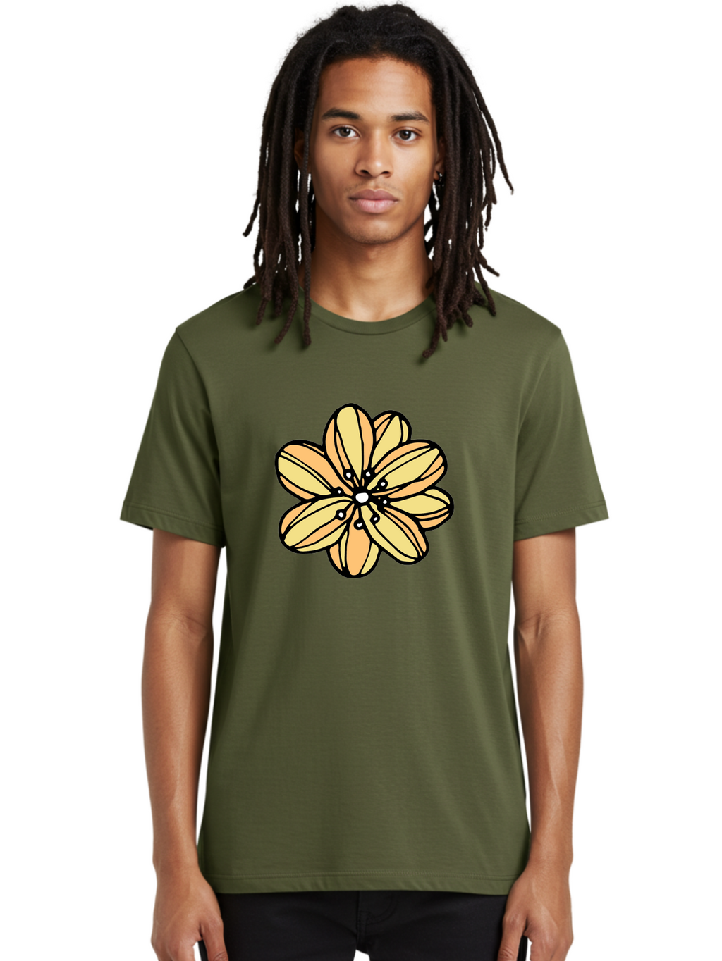 Yellow-Flower Men'S Graphic Tee, 100% Cotton, Comfortable Casual Summer Wear, Machine Washable, Cartoon Flower, Yellow Petals, Simple Design, Black Outline, Floral Illustration, Digital Art, Minimalist Style Aab182
