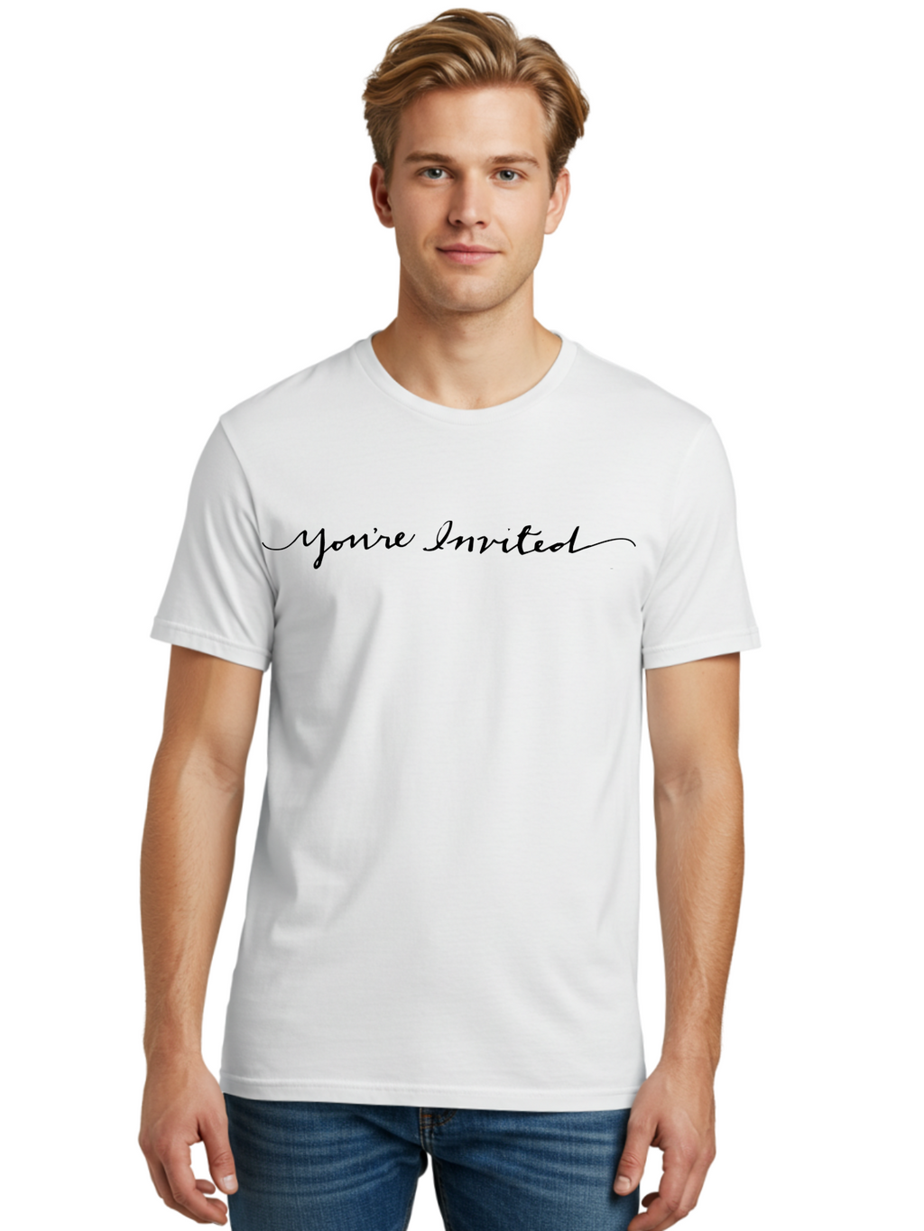 You-Re-Invited Men'S Graphic Tee, 100% Cotton, Comfortable Casual Summer Wear, Machine Washable, Party Invitation, Formal Event, Elegant Script, Black Text, Special Occasion, Invitation Card, Event Announcement, Formal Gathering, Aab189