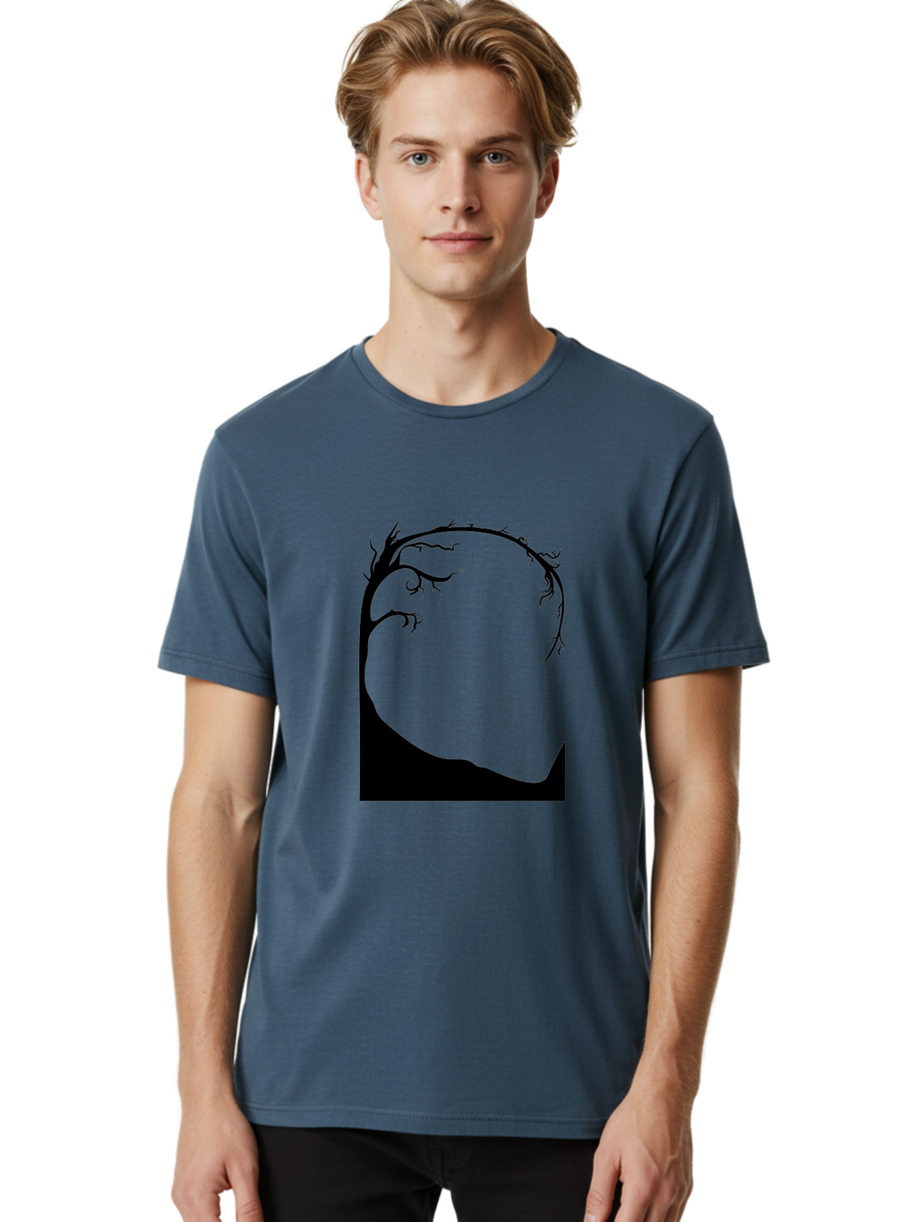 A-Tree-Silhouette Men'S Graphic Tee, 100% Cotton, Comfortable Casual Summer Wear, Machine Washable, Twisted Tree Branches, Bare Tree Silhouette, Abstract Tree Design, Minimalist Art, Black Tree On Green, Surreal Landscape, Eerie Atmosphere Aab190