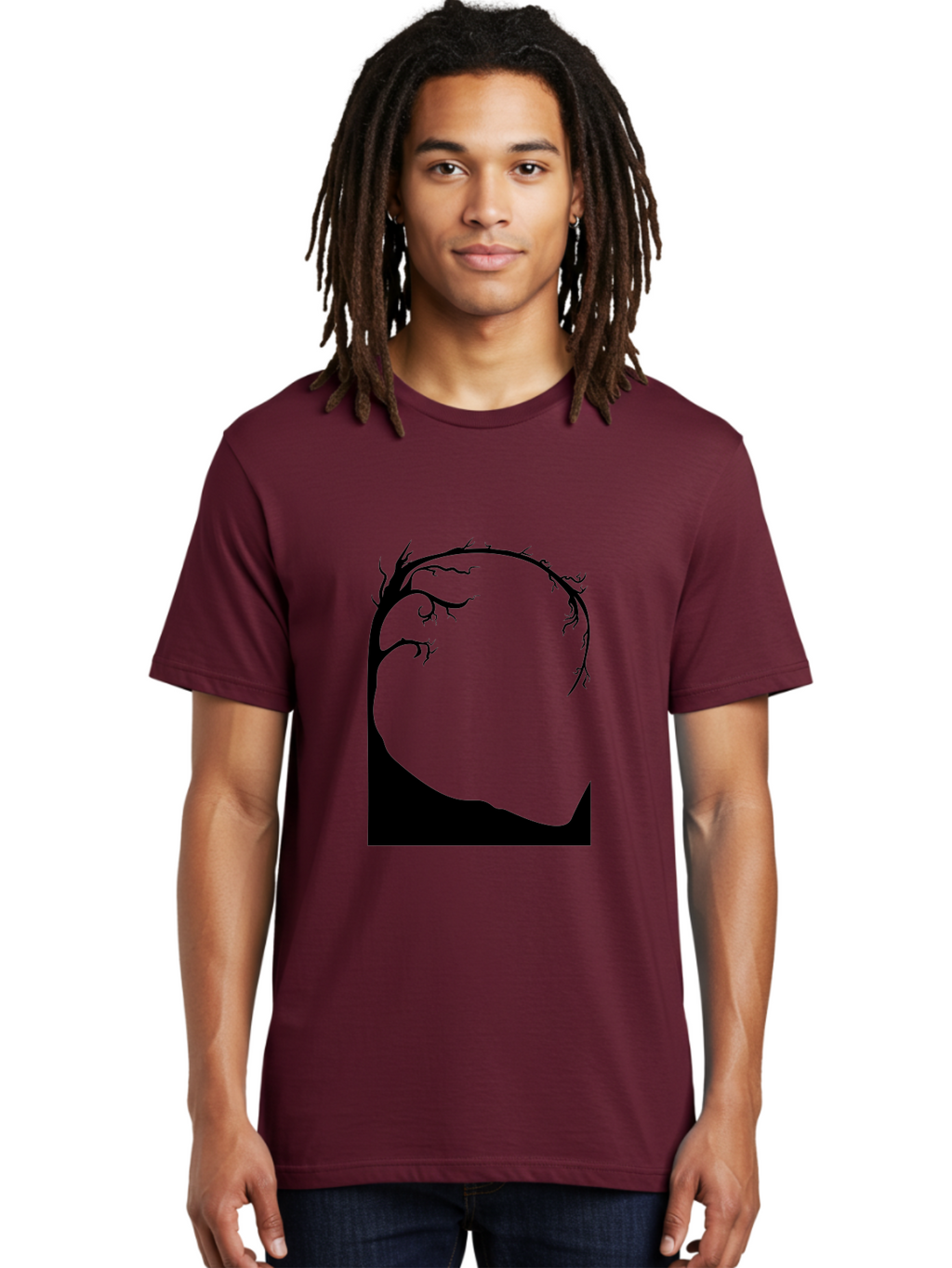 A-Tree-Silhouette Men'S Graphic Tee, 100% Cotton, Comfortable Casual Summer Wear, Machine Washable, Twisted Tree Branches, Bare Tree Silhouette, Abstract Tree Design, Minimalist Art, Black Tree On Green, Surreal Landscape, Eerie Atmosphere Aab190